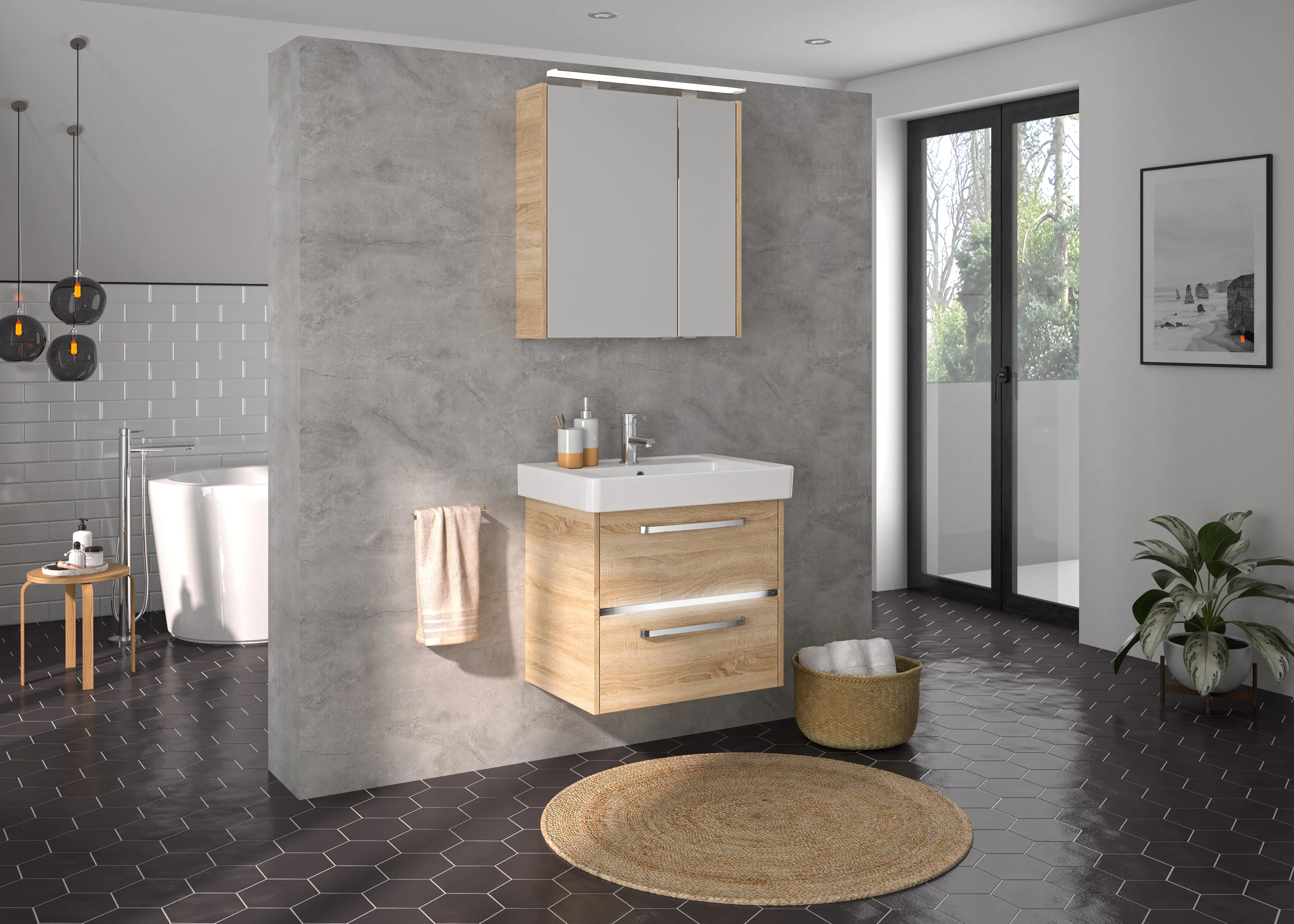 Primaster Badmöbelset Berlin eiche 65 cm LED-Leuchten, Keramikwaschtisch