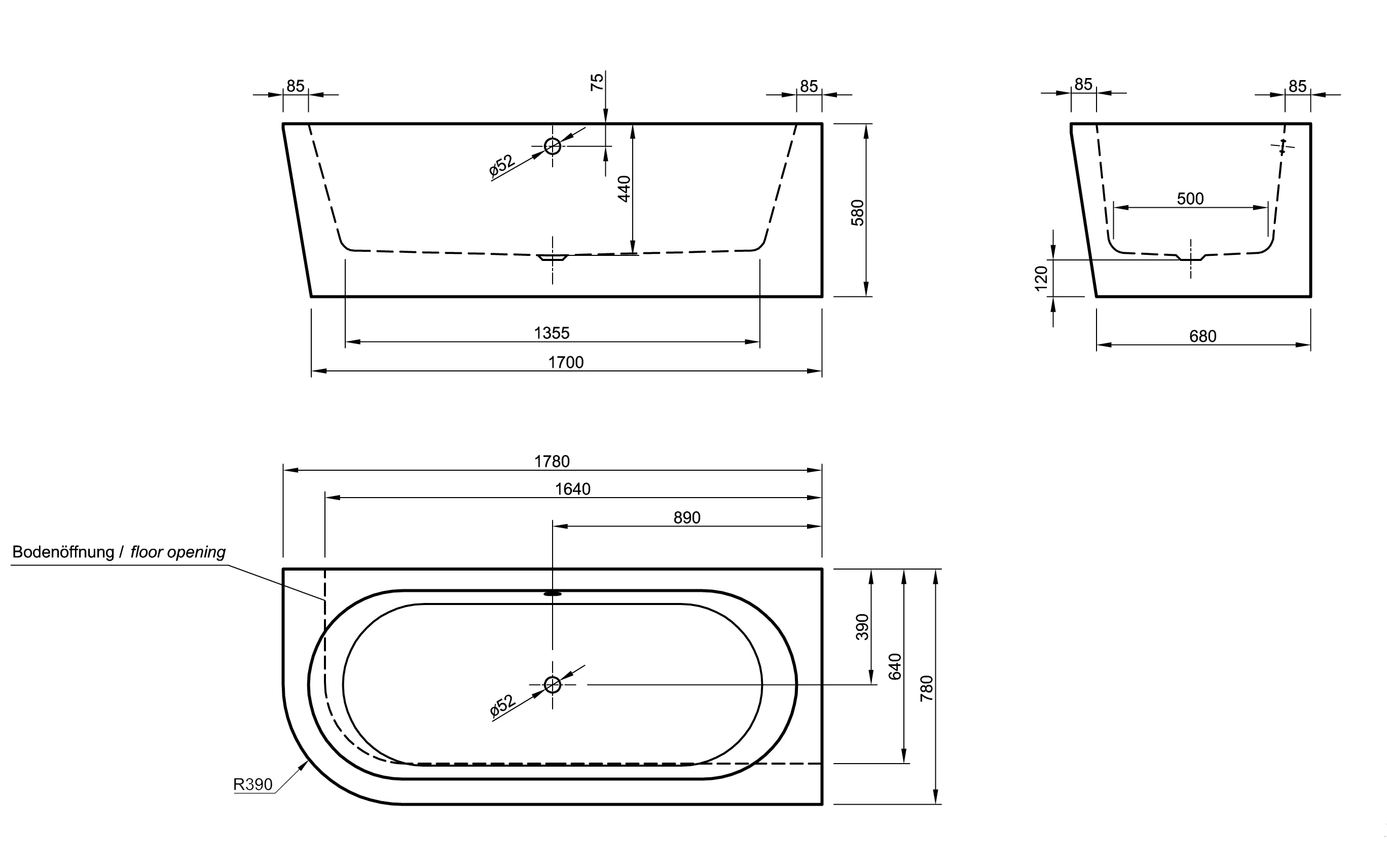 Ottofond Badewanne Modena Corner Schwarz-Weiß links 178 x 78 x 44 cm