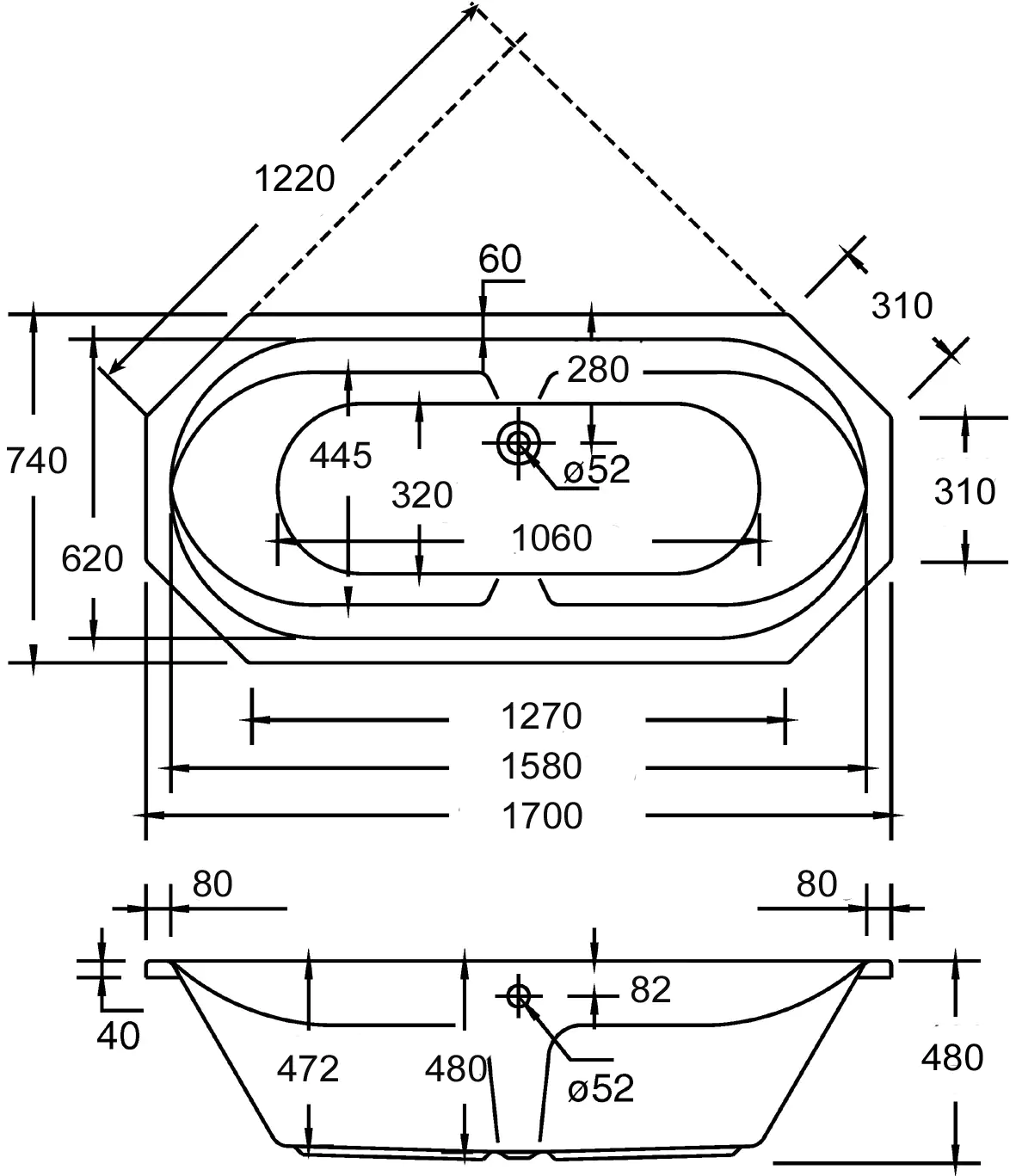 Ottofond Whirlpool-System 3 Sicilia 170 cm, weiß