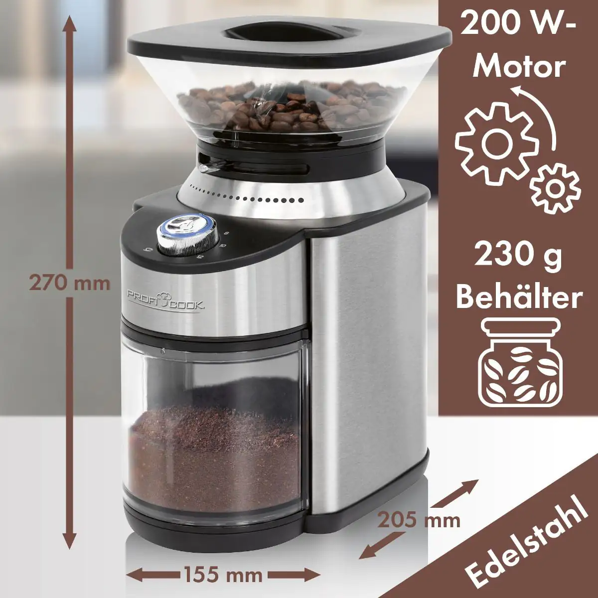 Proficook elektrische Kaffeemühle PC-EKM 1205 Edelstahlmahlwerk, 200 Watt