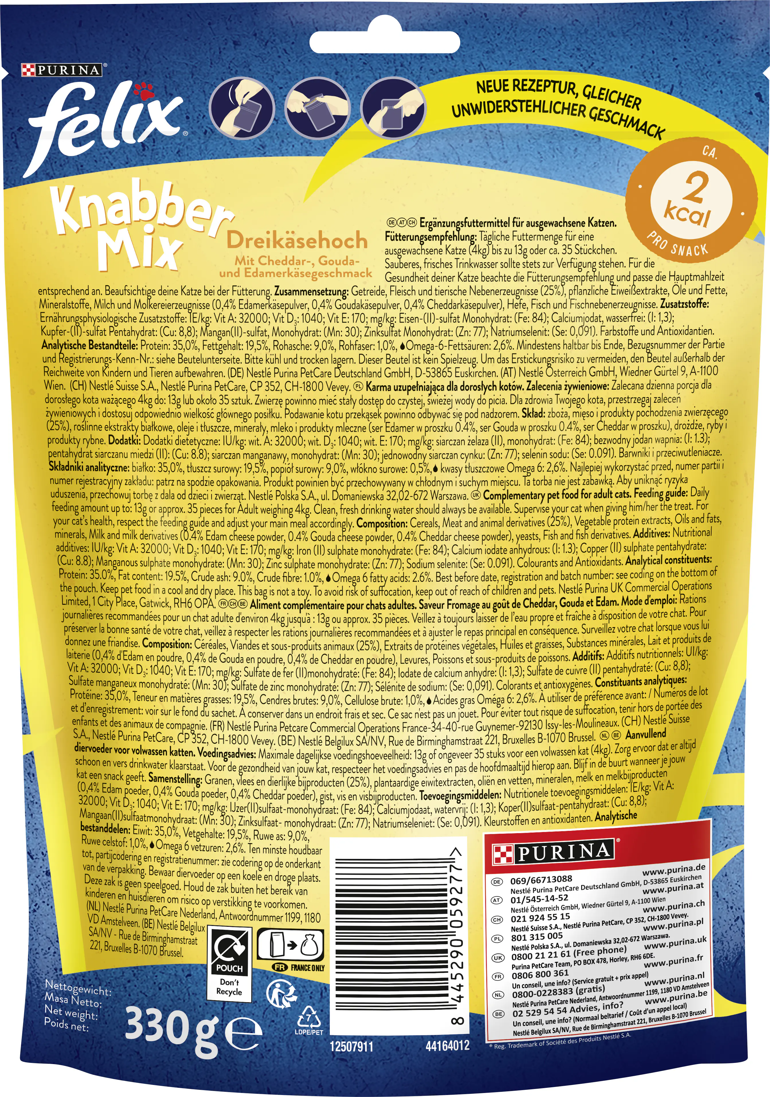 Felix KnabberMix Katzensnack Dreikäsehoch mit Cheddar, Gouda & Edamer 330 g