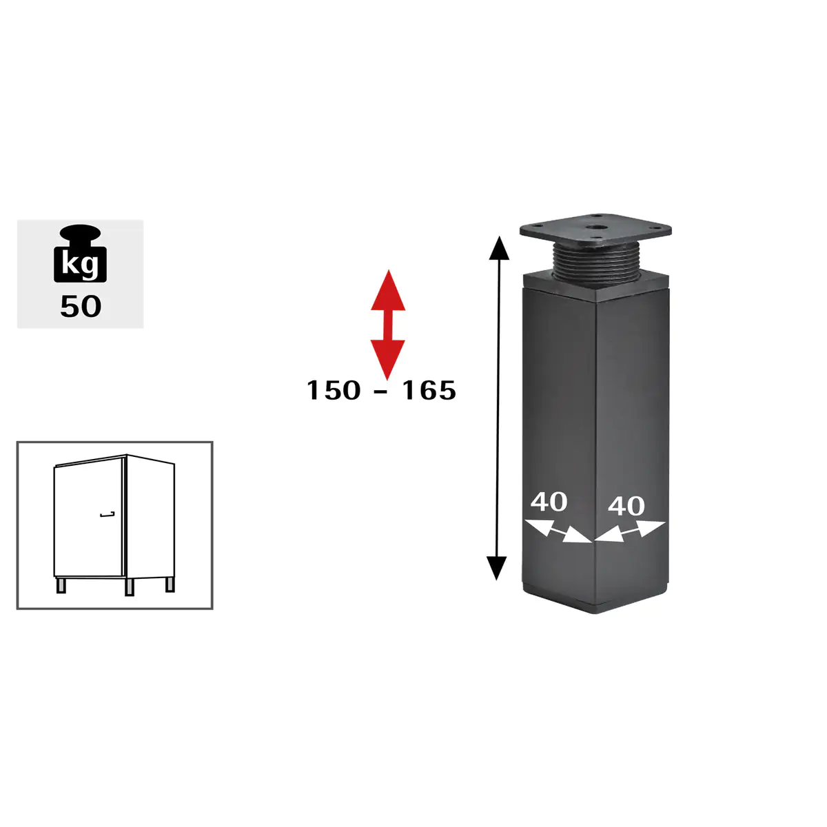 Hettich Möbelfuß 4,0 x 15 -16,5 cm Stahl schwarz - 1 Stück