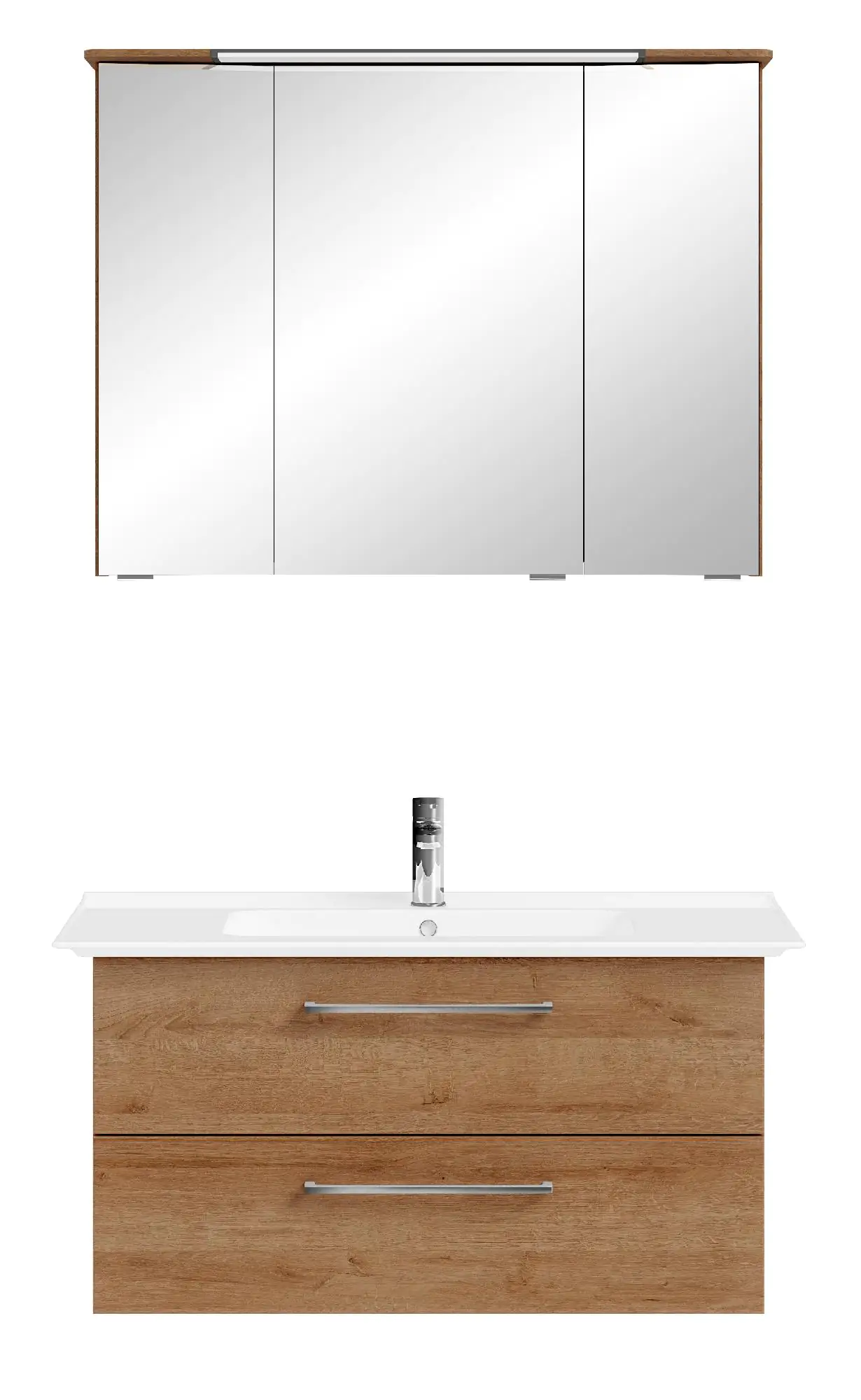 Pelipal Badmöbel-Set Riviera Eiche quer mit Keramik-Waschrisch + 3D-Spiegelschrank 100 cm