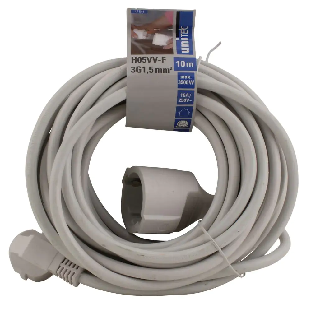 Unitec Verlängerungskabel Innen 10 Meter H05VV-F3G1,5, weiß