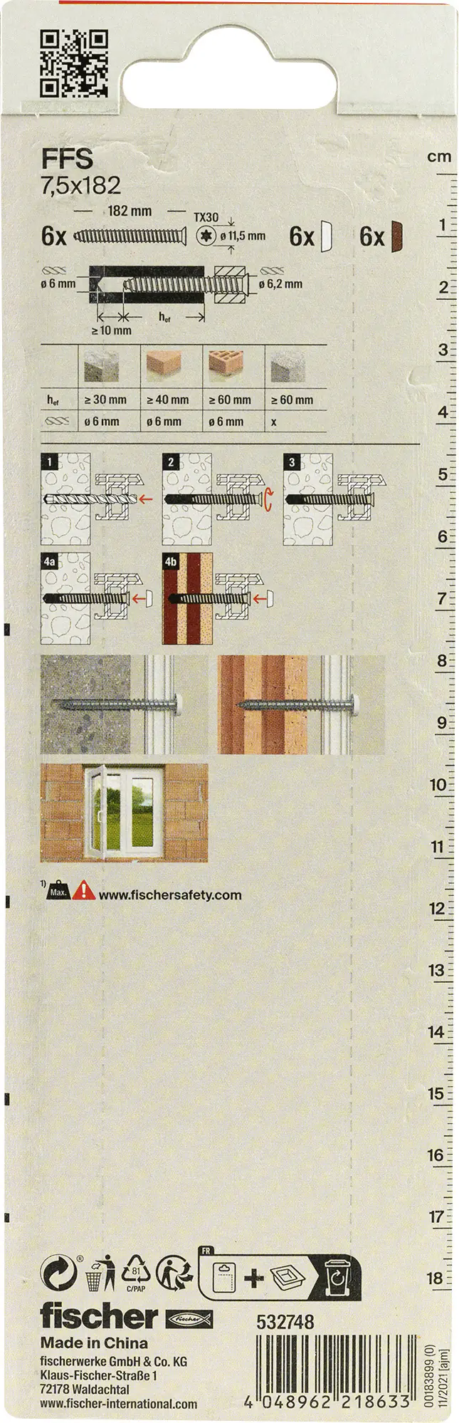 Fischer Fensterrahmenschrauben 7,5 x 182 mm TX30 - 6 Stk.