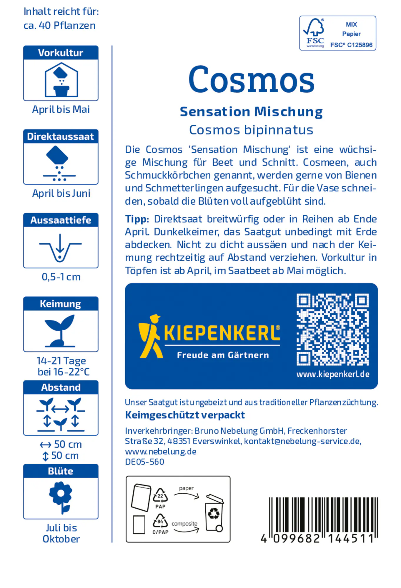 Kiepenkerl Blumensamen Cosmos Sensation Mischung für ca. 40 Pflanzen