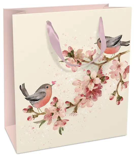 Geschenktasche Vögel mit Kirschblüten 18 x 21 cm 