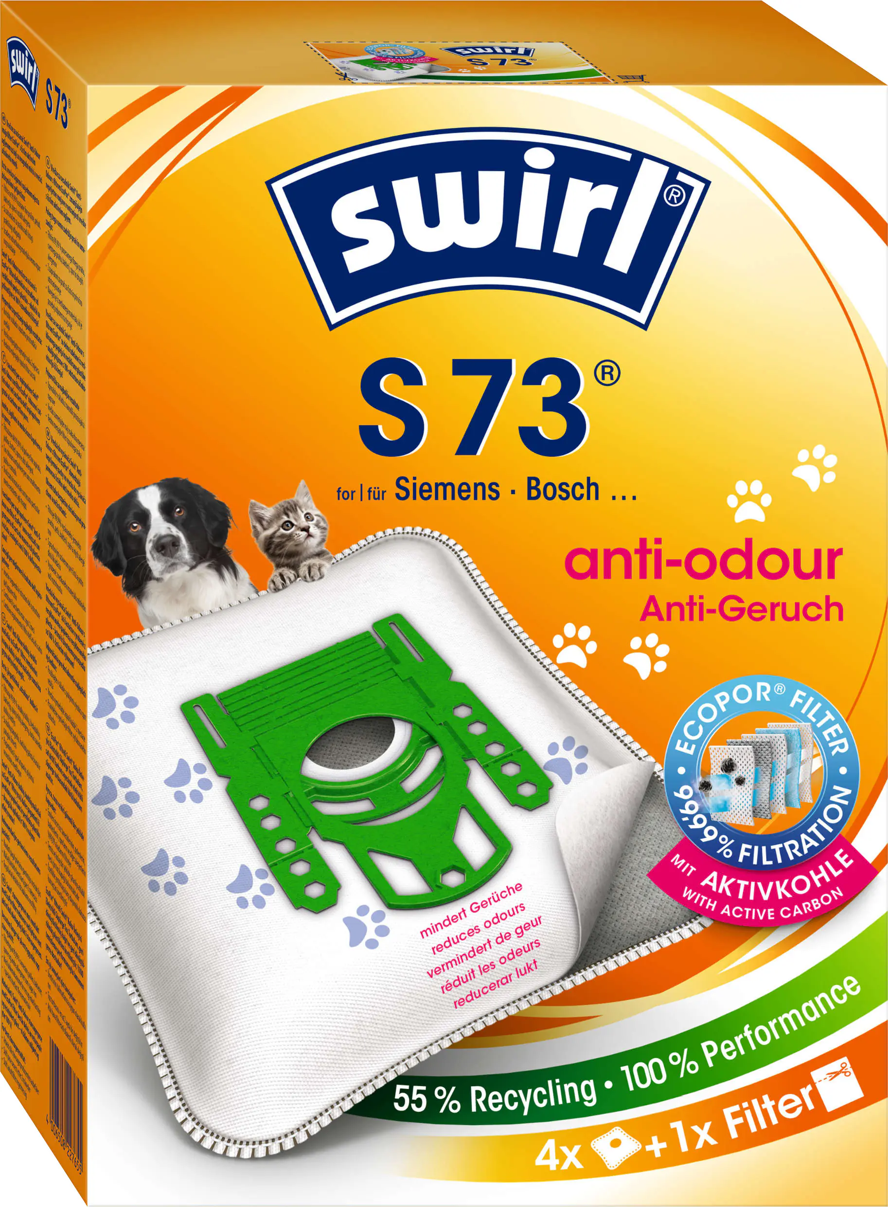 Swirl S 73 EcoPor Anti-Geruch Staubsaugerbeutel 4 Staubbeutel + 1 Filter