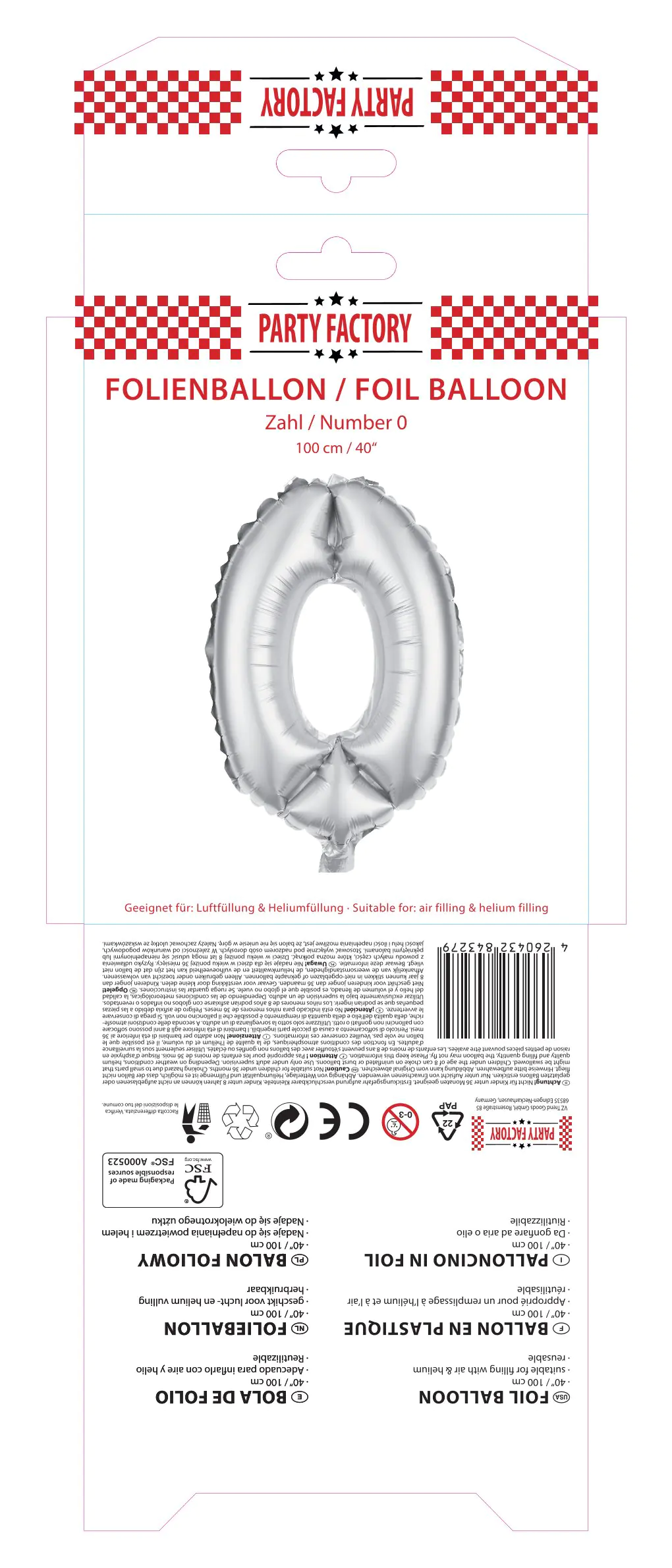 Folienballon Zahl 0 silber 100 cm