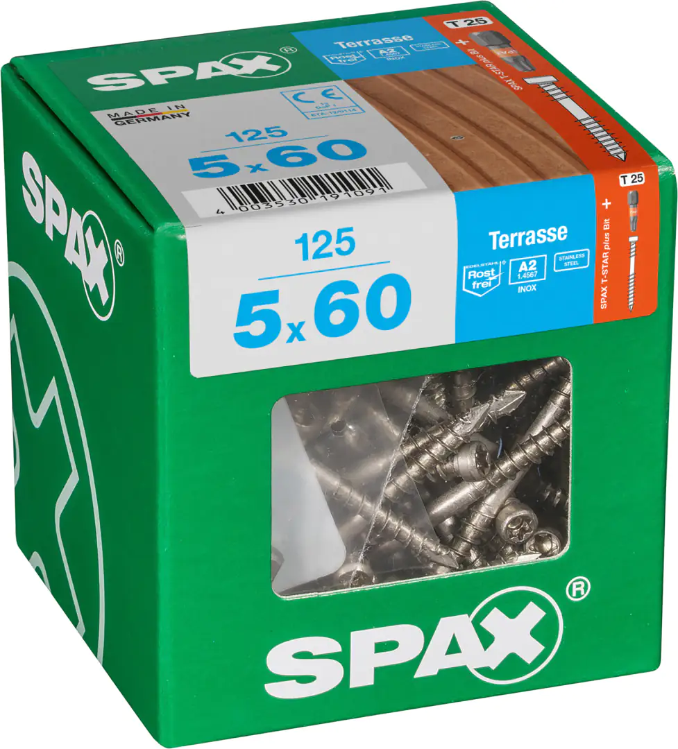 Spax Terrassenschrauben 5.0 x 60 mm TX 25 - 125 Stk. Spax Terrassenschrauben 5.0 x 60 mm TX 25 - 125 Stk.