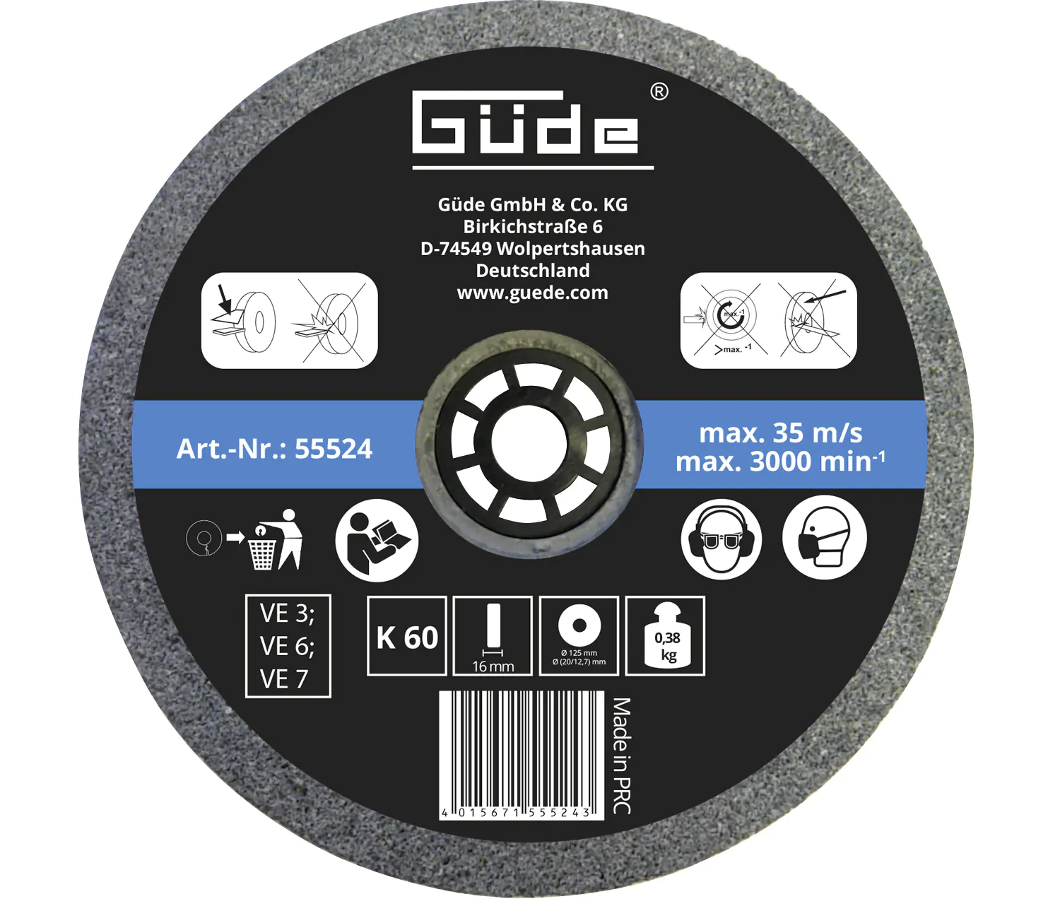 Güde Schleifscheibe K 60 125 x 16 x 20 mm