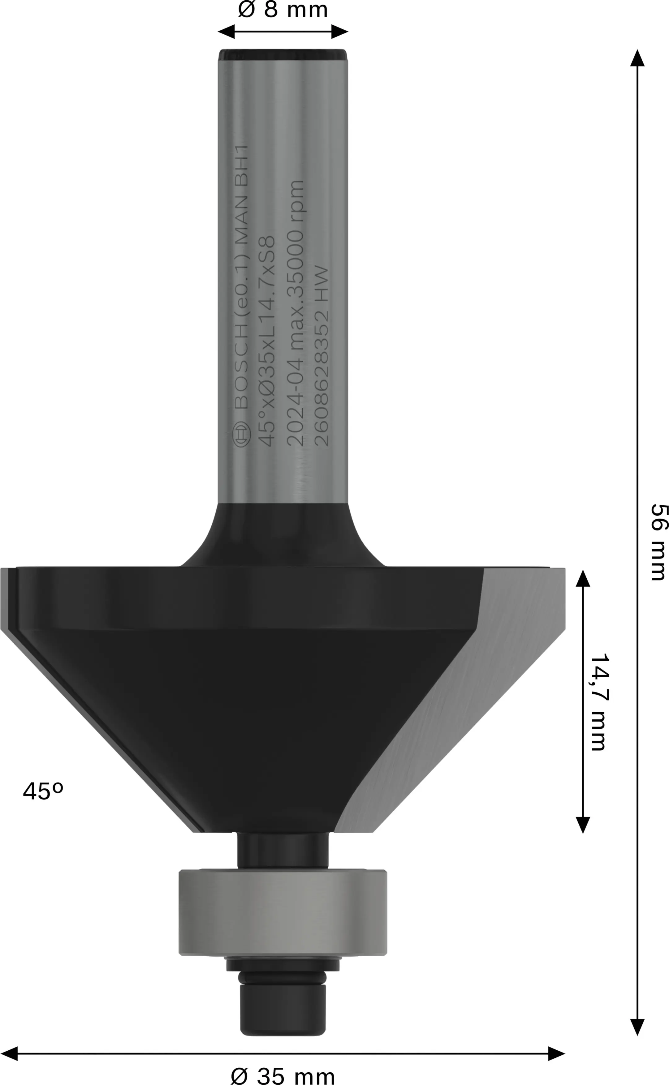 Bosch Fasefräser 8 mm B 11 mm L 14,7 mm G 56 mm 45°