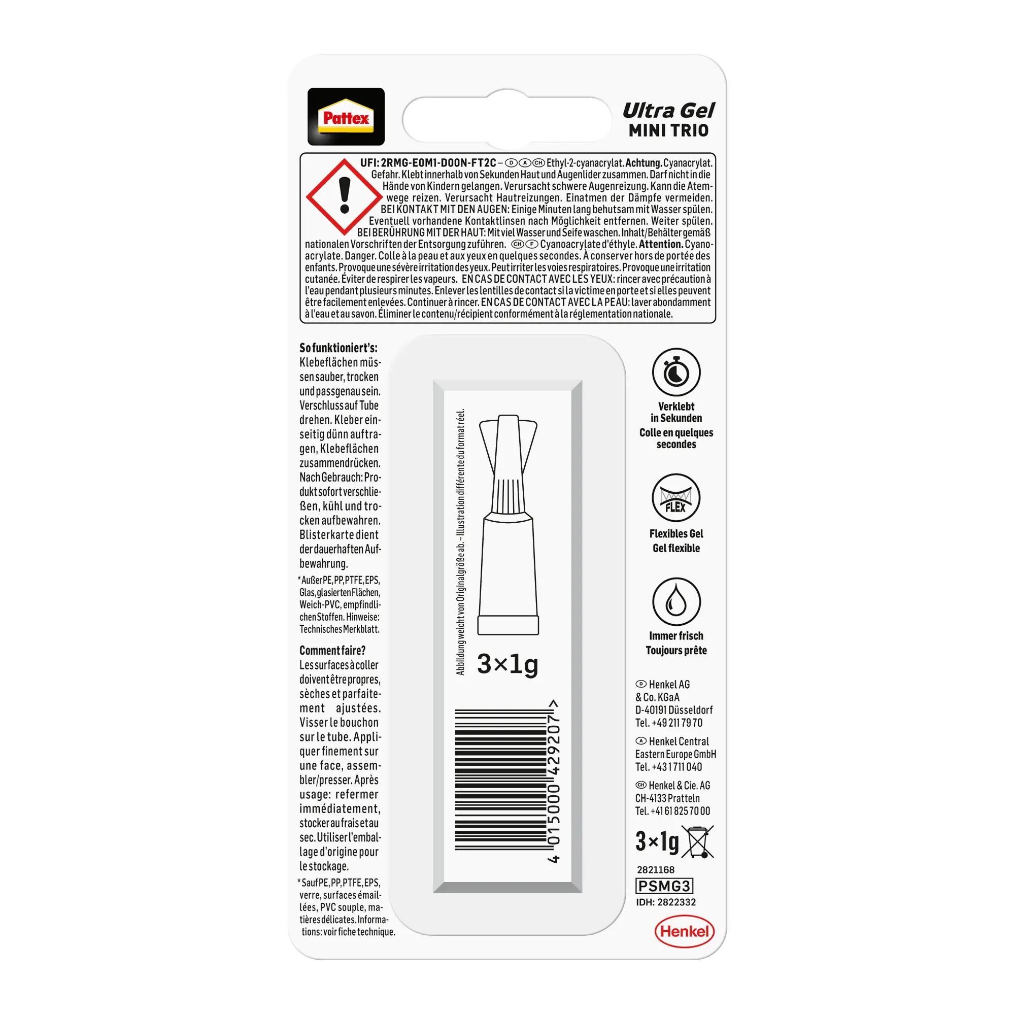 Pattex Sekundenkleber Ultra Gel Mini Trio 3 x 1 g Tube, farblos Pattex Sekundenkleber Ultra Gel Mini Trio 3 x 1 g Tube, farblos