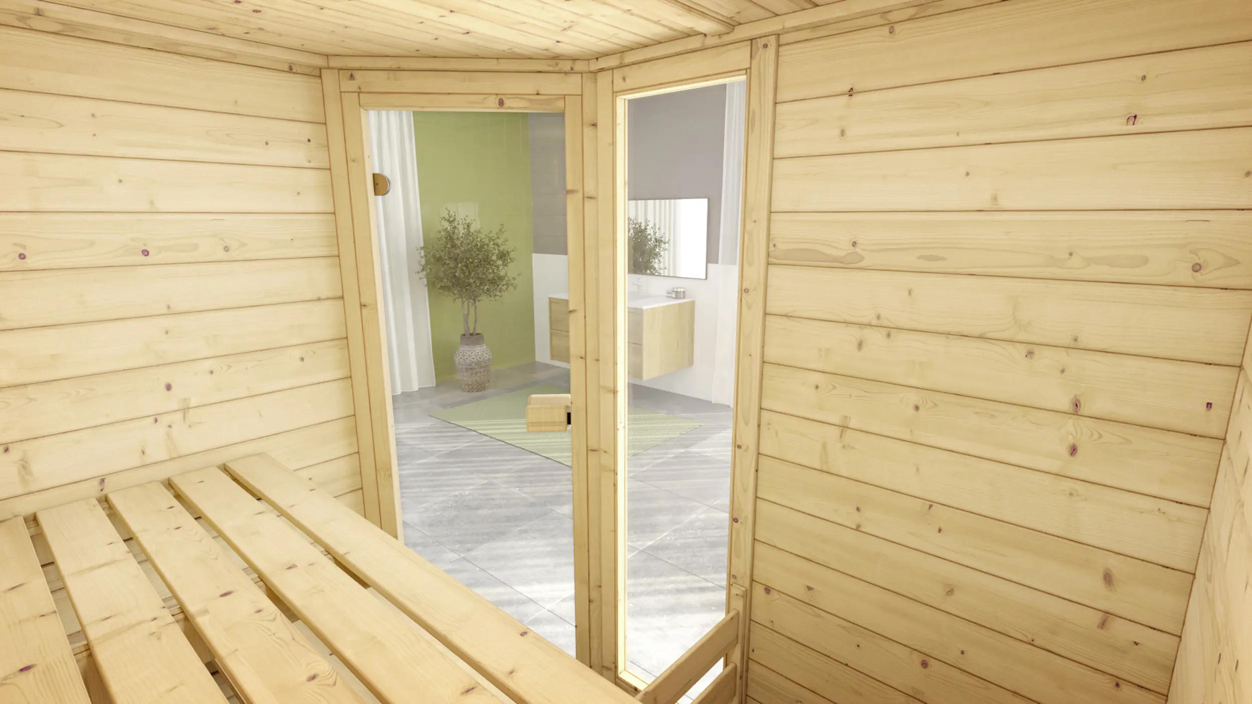 Weka Massivholzsauna Valida Eck 1 mit Glastür und Fenster