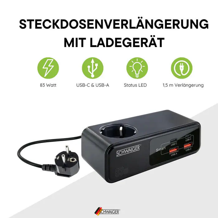 Schwaiger Verlängerung inkl. Steckdose  83W Schnellladefunktion USB A/C0