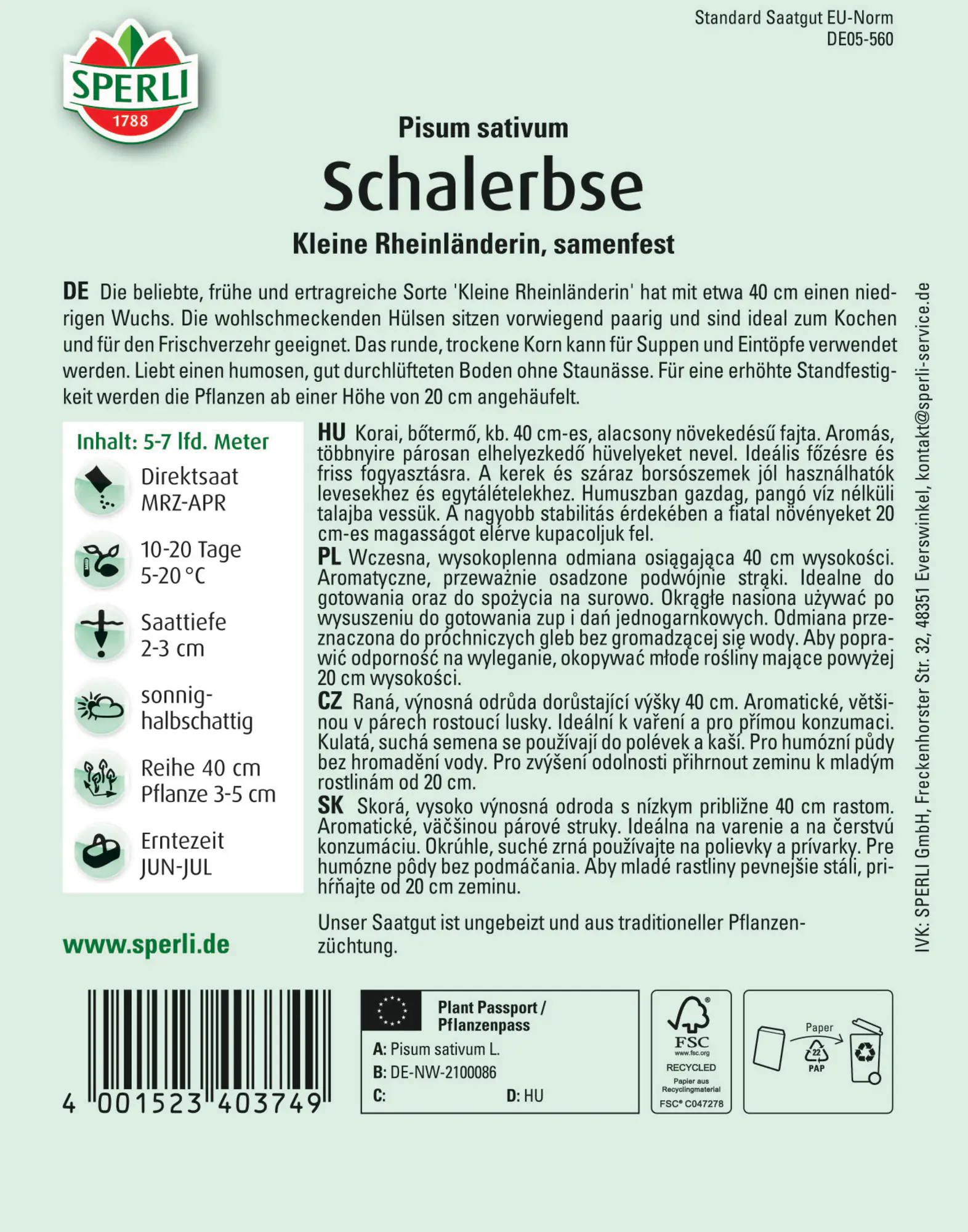 Sperli Schalerbse Kleine Rheinländerin