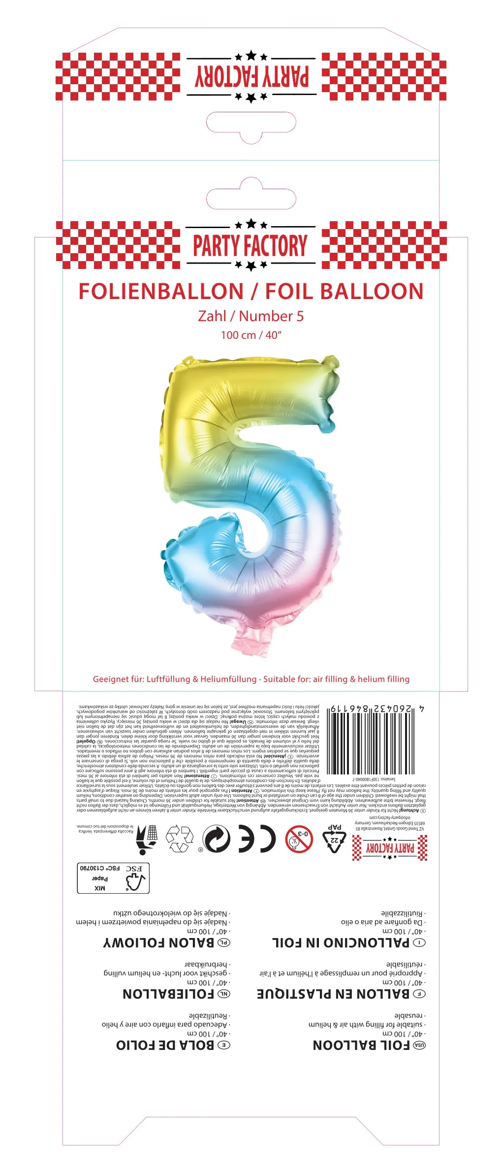 Folienballon Zahl 5 bunt 100 cm
