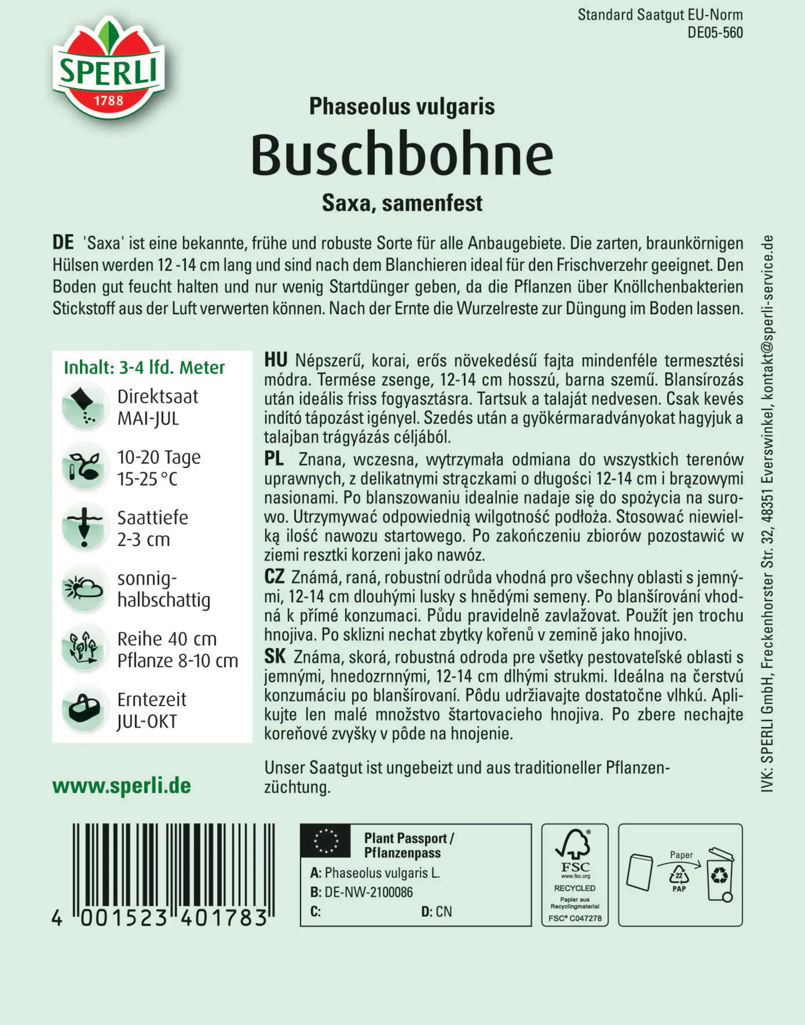 Sperli Buschbohne Saxa