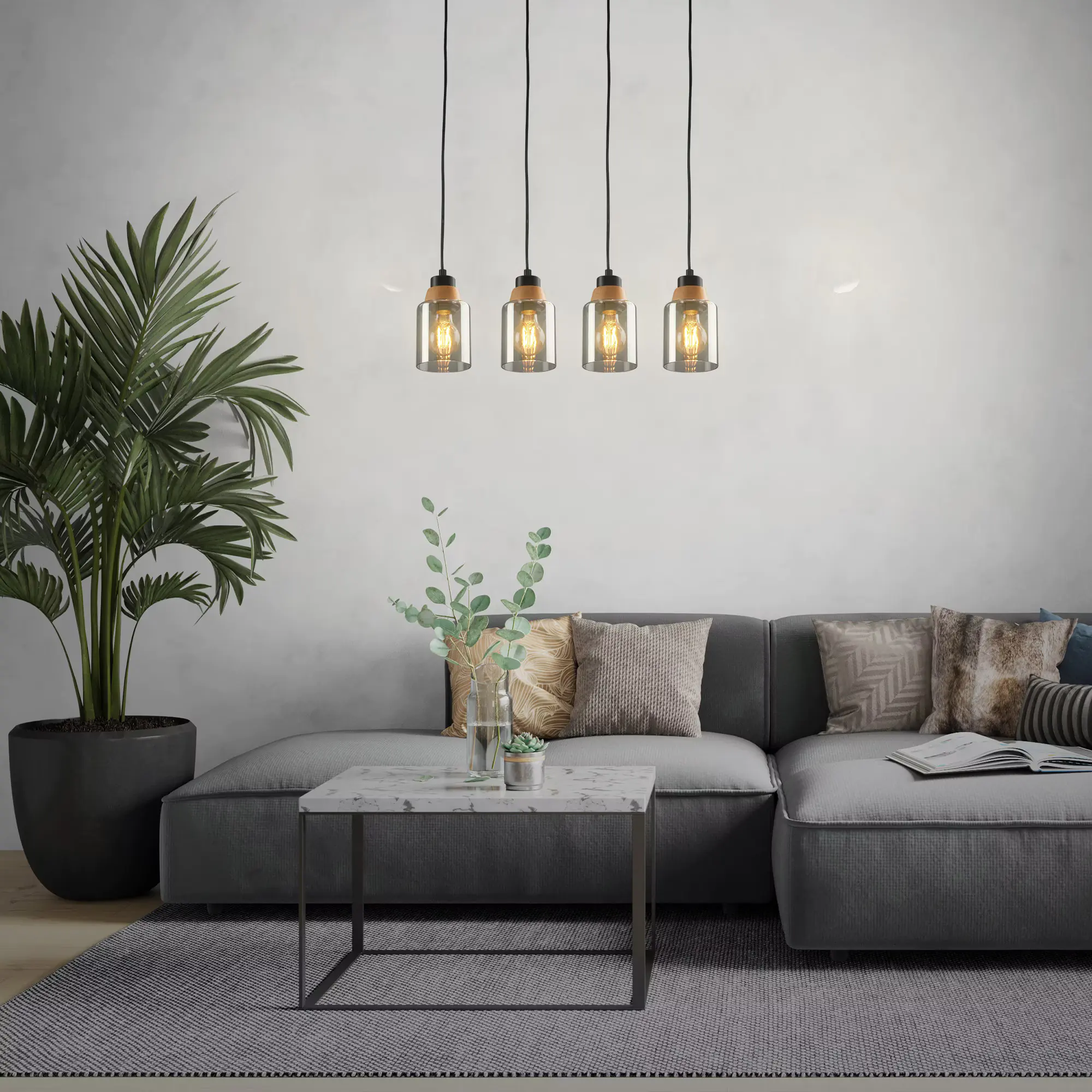 Briloner Pendelleuchte mit Holz Rauchglas 4xE27