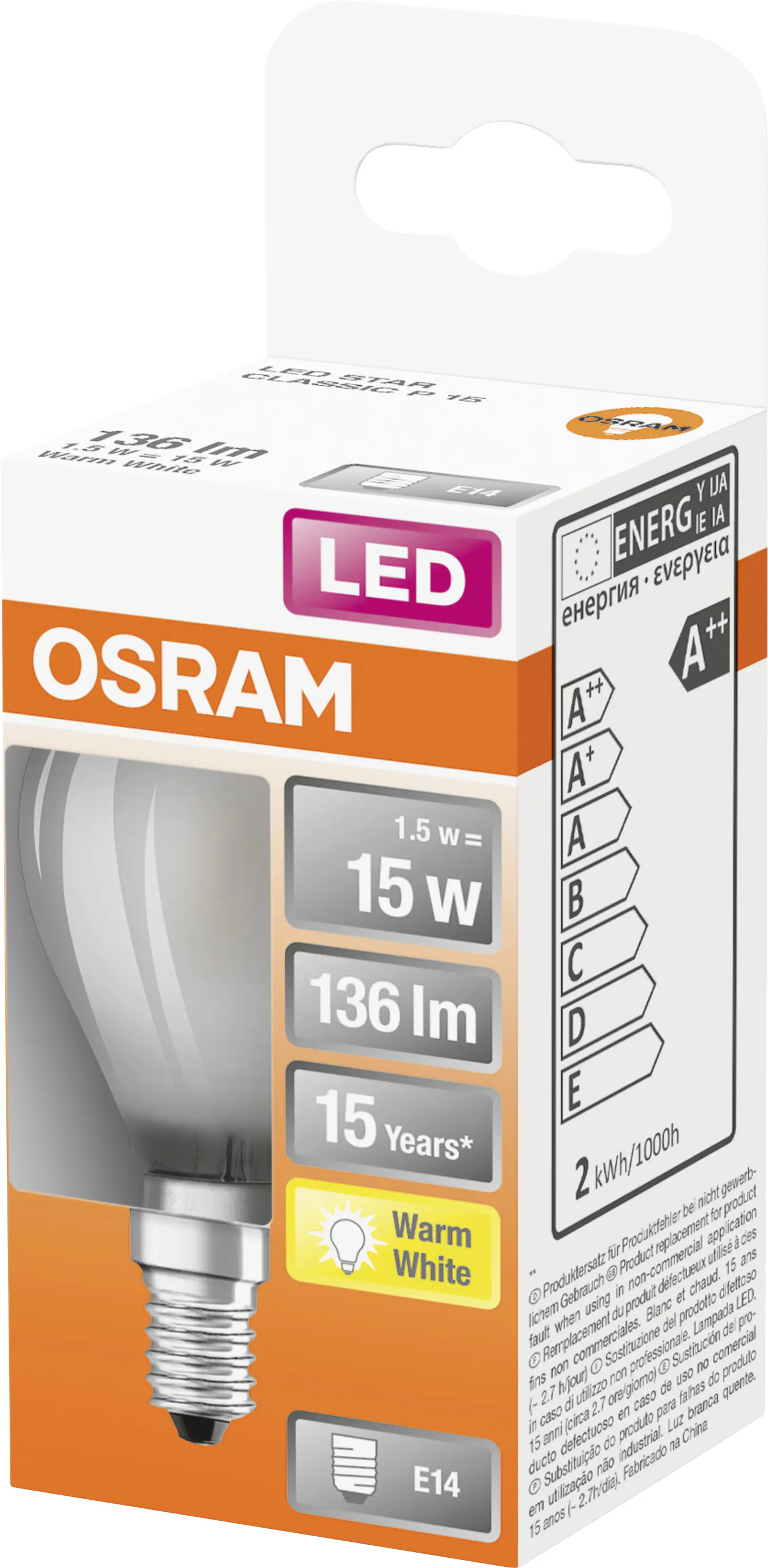 Osram LED Leuchtmittel Star P15 E14 1,5W warmweiß, weiß matt