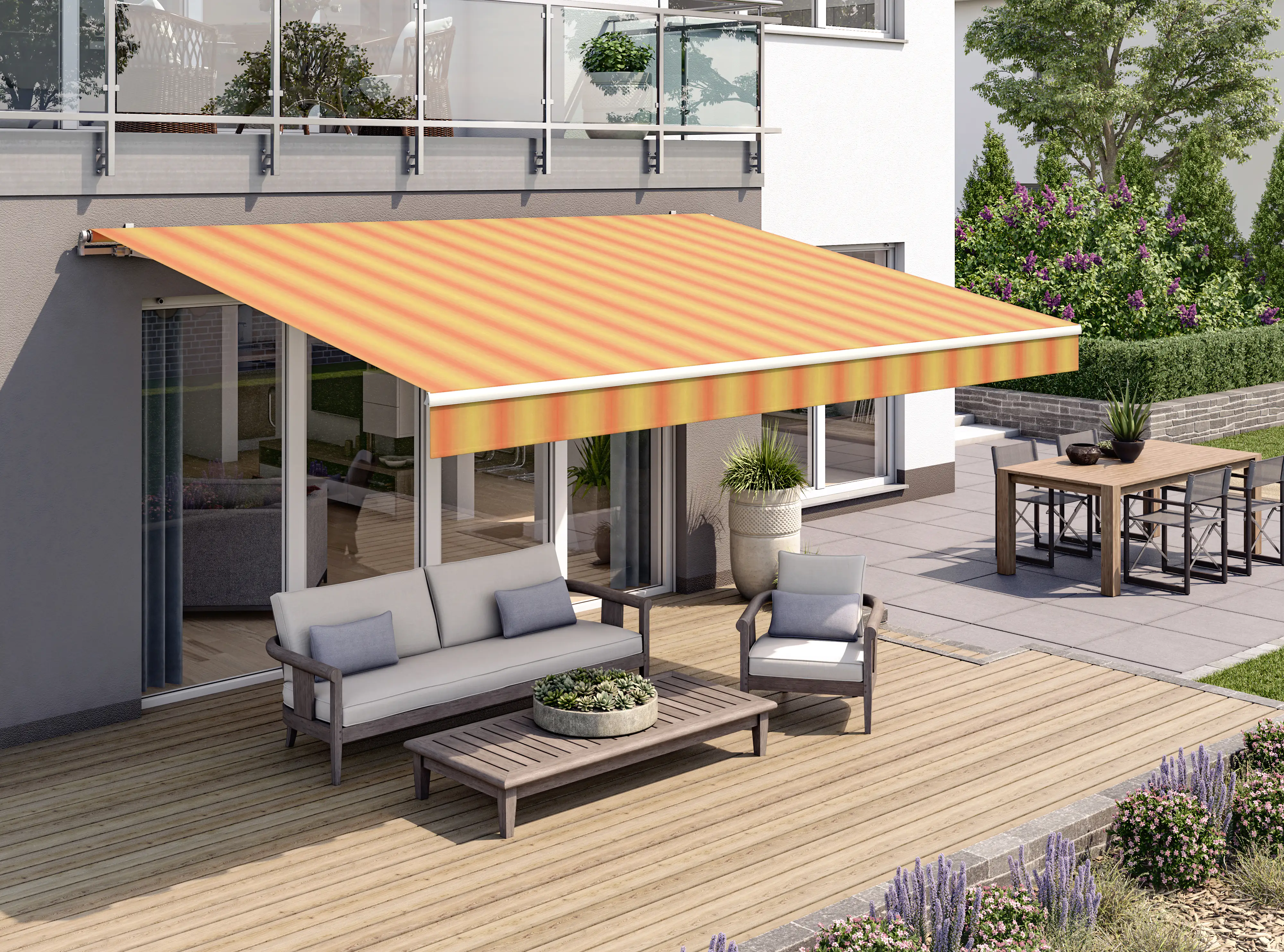 Gelenkarmmarkise Classic gelb-orange gestreift inkl. Motor, Handsender, Solar Panel Gelenkarmmarkise Classic gelb-orange gestreift inkl. Motor, Handsender, Solar Panel