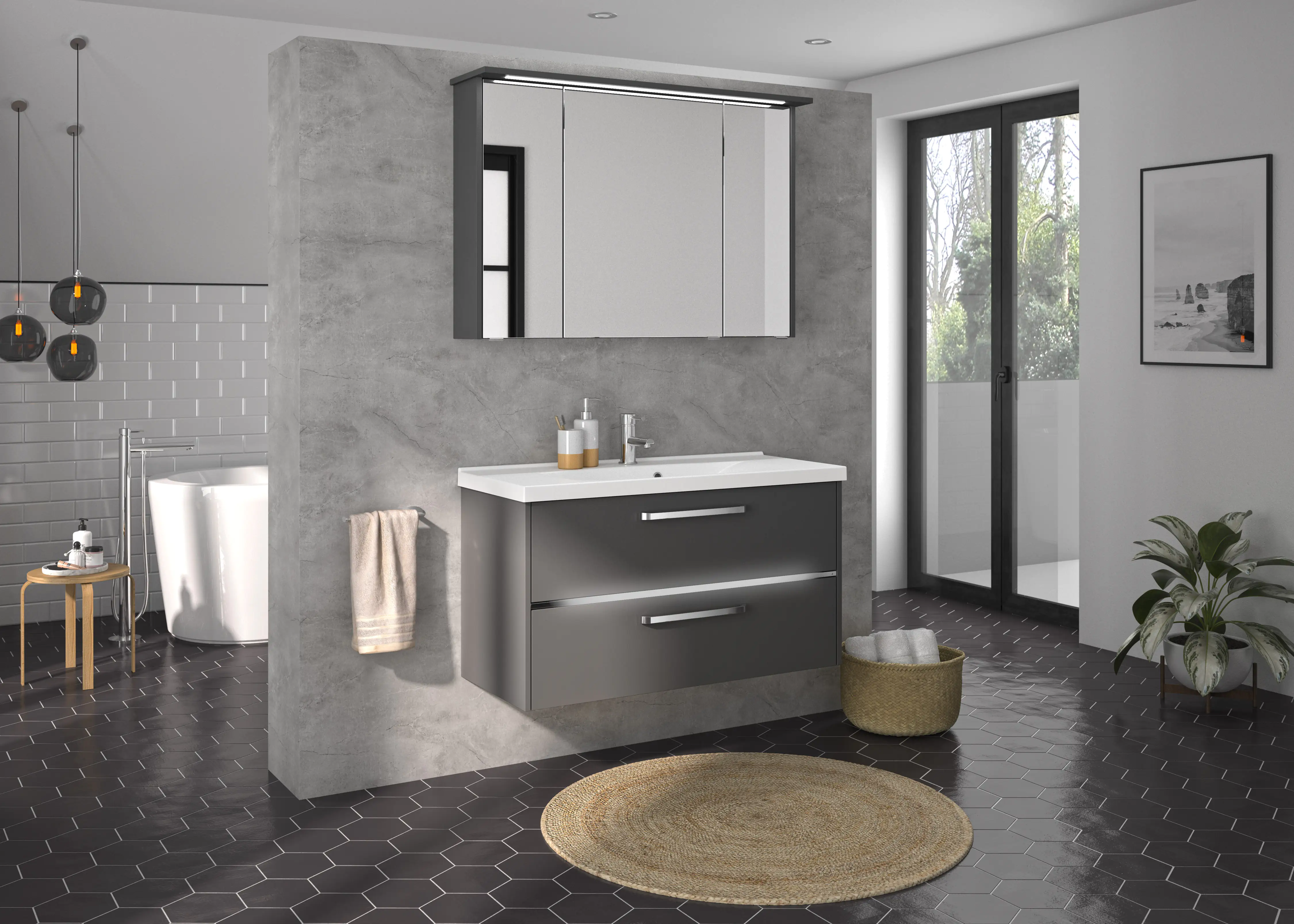 Primaster Badmöbel-Set Berlin grau 105 cm Twin LED, Mineralmarmor-Wachtisch