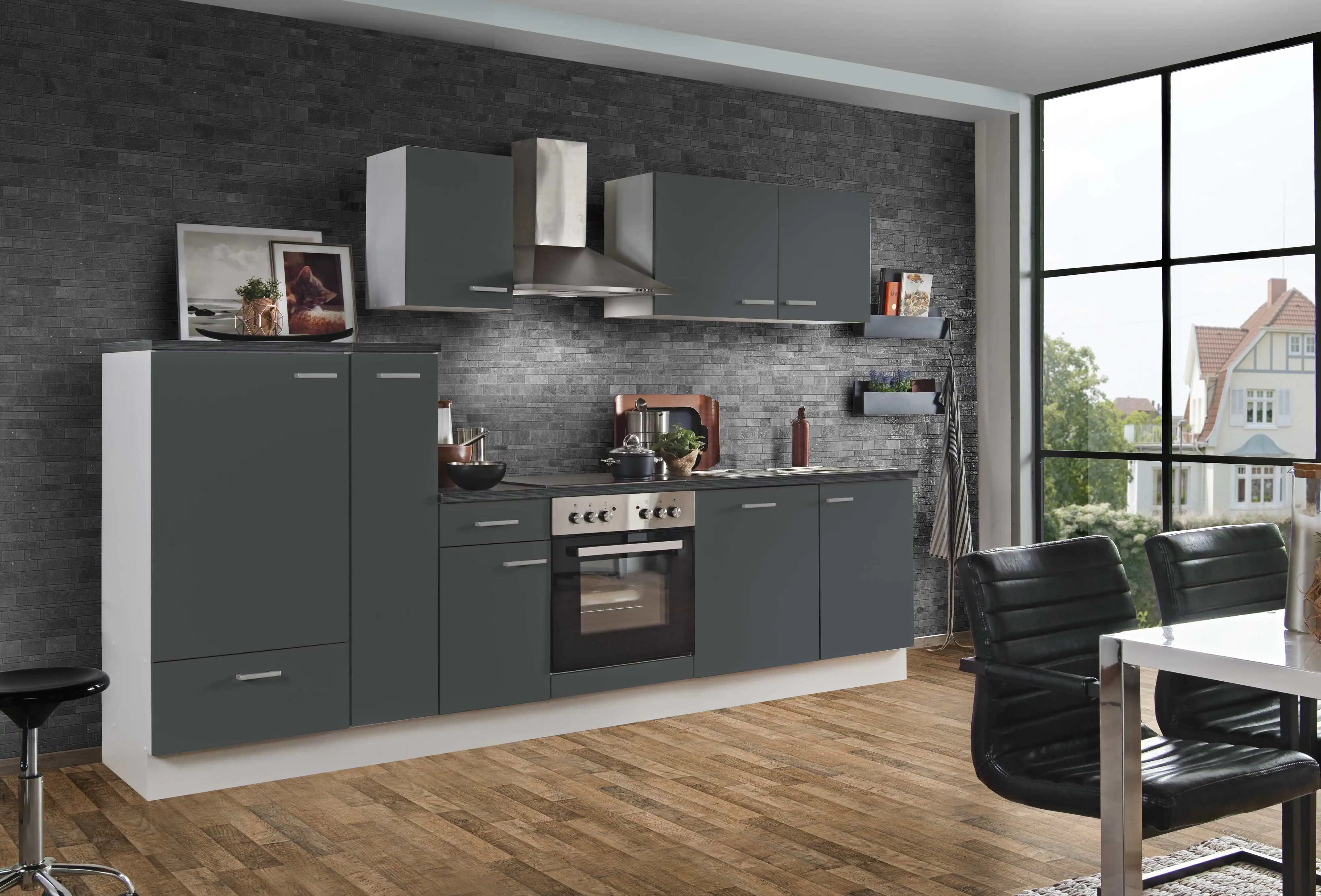 Menke Küchenzeile White Classic mit E-Geräte 300 cm graphit-weiß