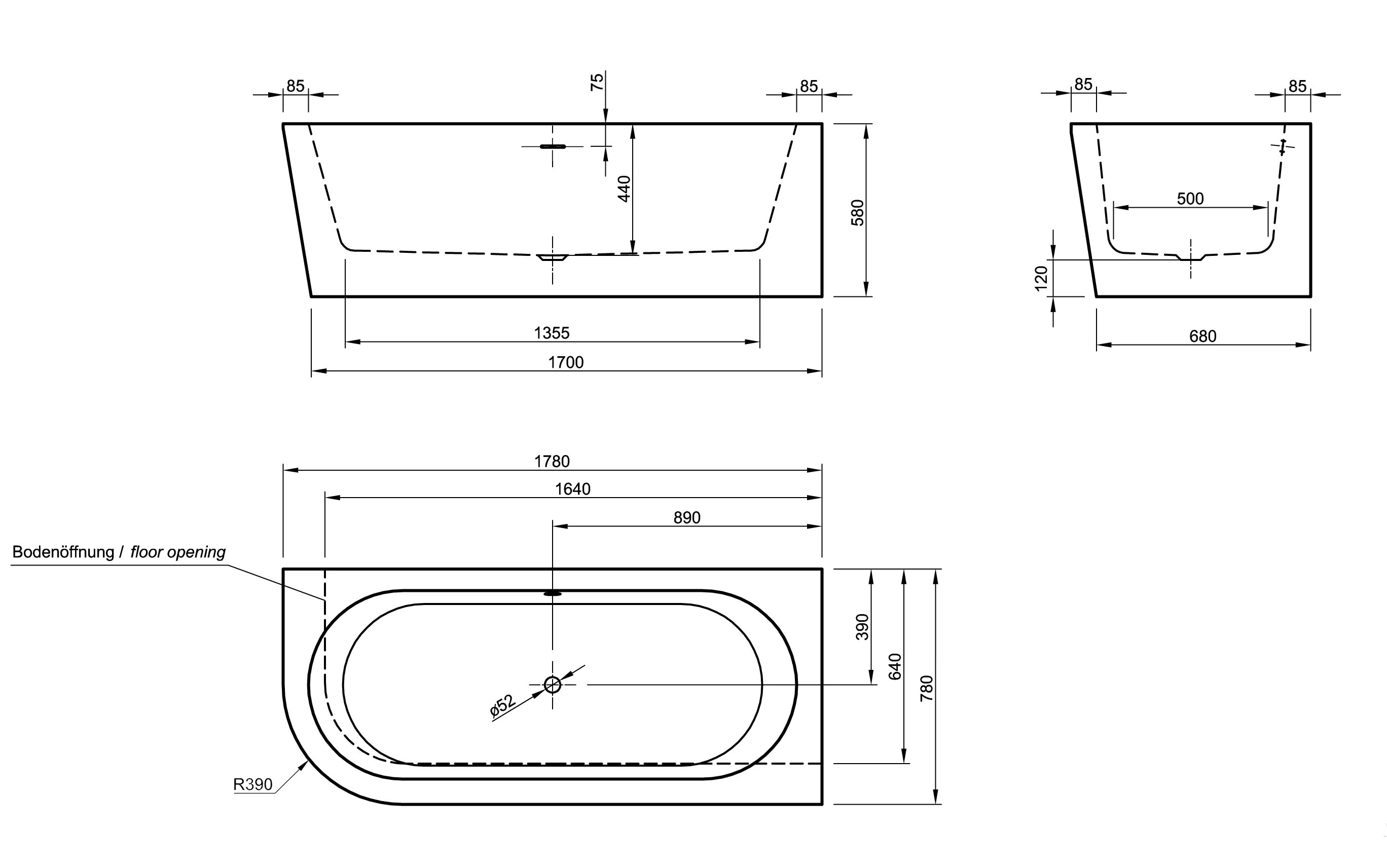 Ottofond Freistehende Badewanne Modena Corner Weiß links 178 x 78 x 44 cm