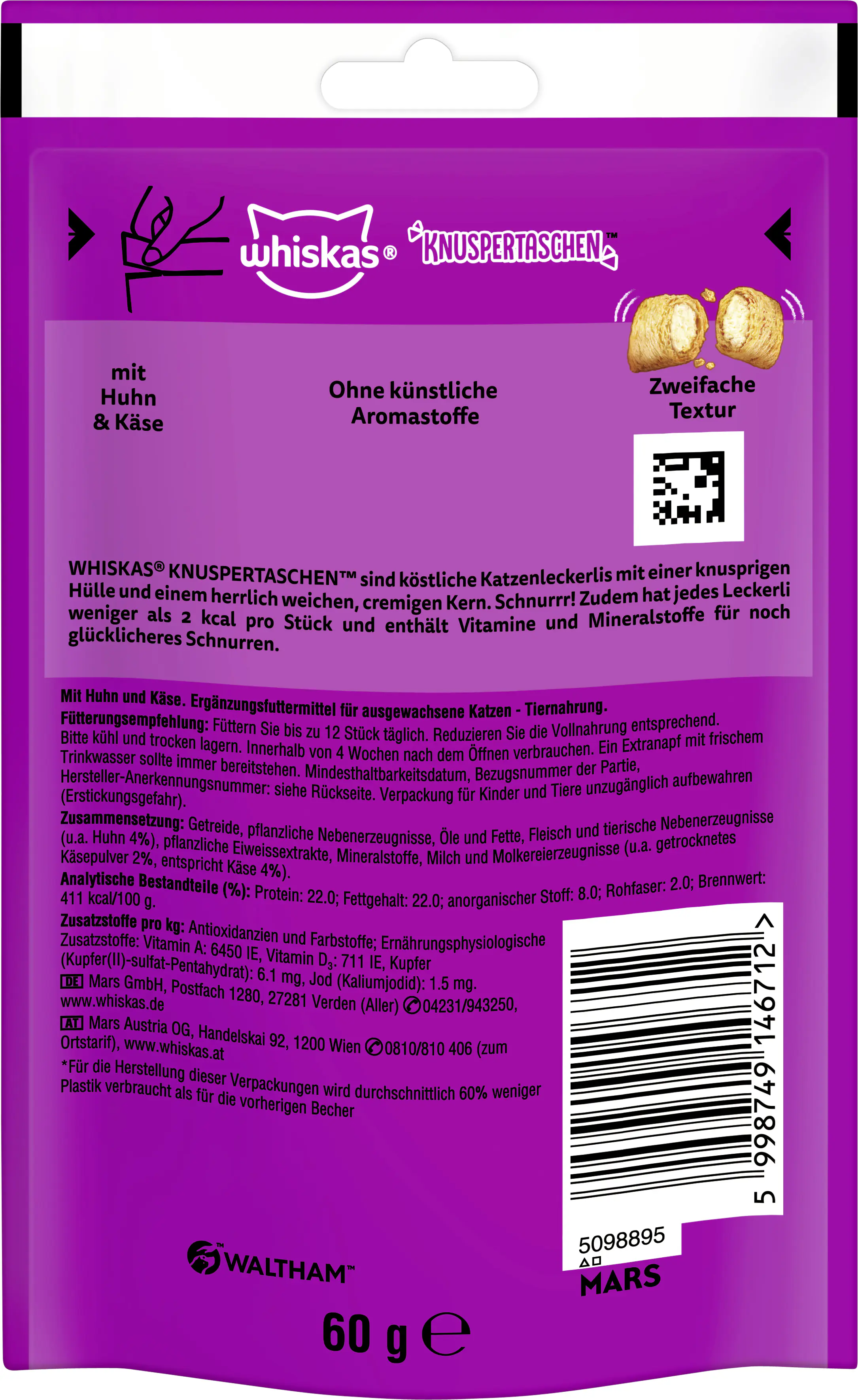 Whiskas Knuspertaschen Katzensnack 60 g Huhn & Käse