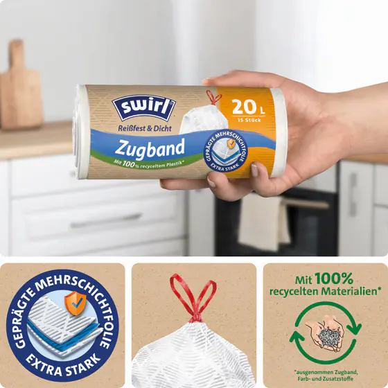 Swirl® 20 l Zugband- Müllbeutel  Reißfest & Dicht