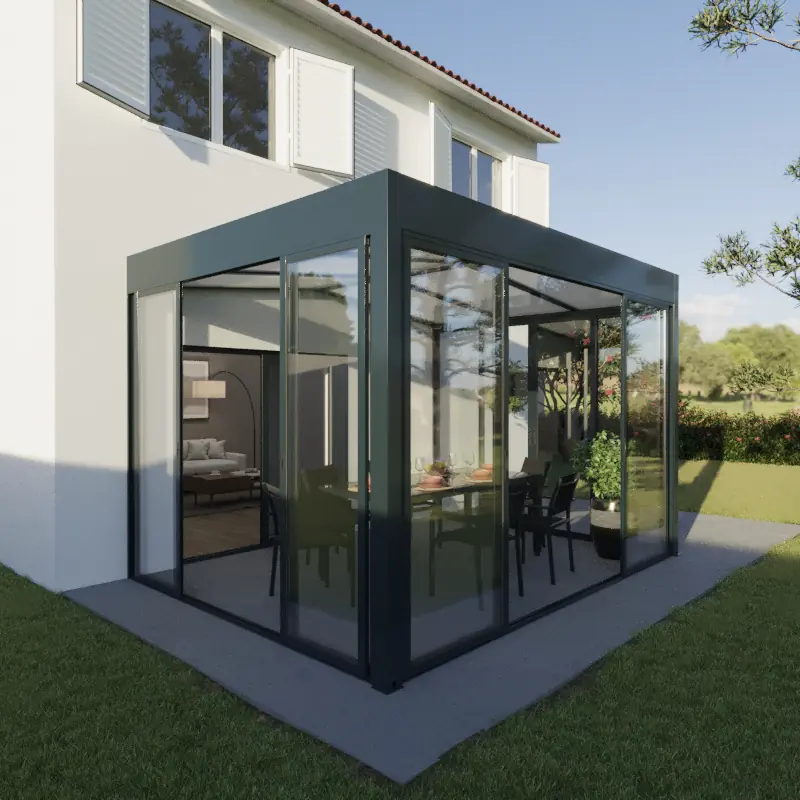 Wintergarten Modern 500 x 300 cm mit Glasschiebetüren grau