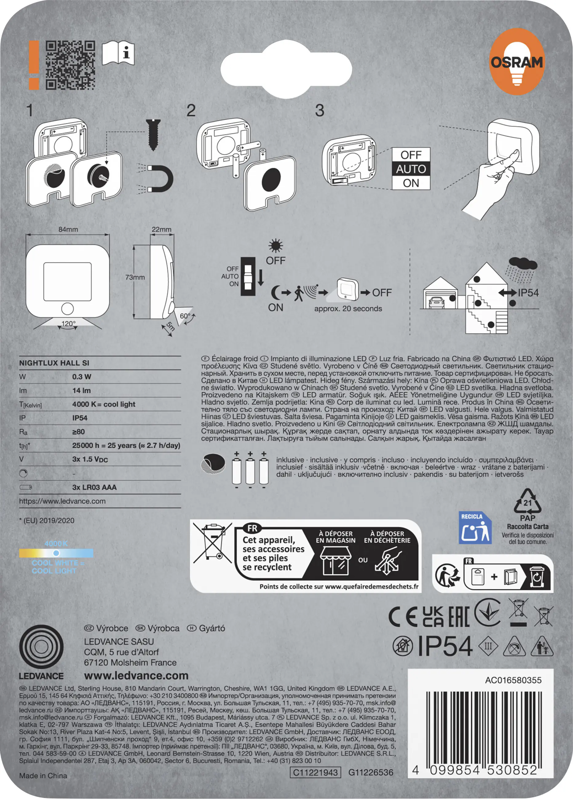 Osram LED-Nachtlicht Nightlux Hall mit Licht- & Bewegungssensor 8,4 cm kaltweiß silber
