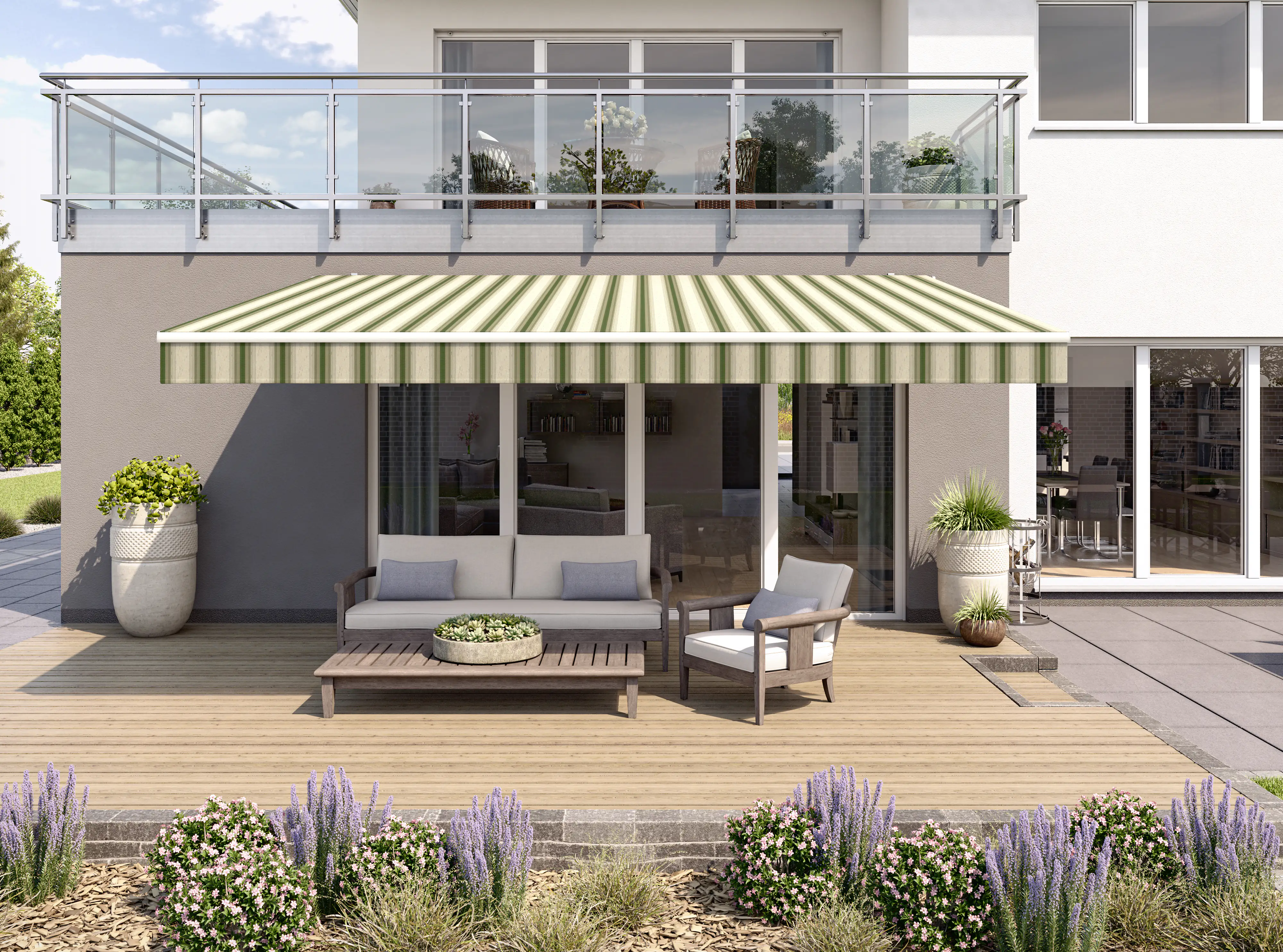 Gelenkarmmarkise Classic grün-beige gestreift inkl. Motor, Handsender, Solar Panel Gelenkarmmarkise Classic grün-beige gestreift inkl. Motor, Handsender, Solar Panel