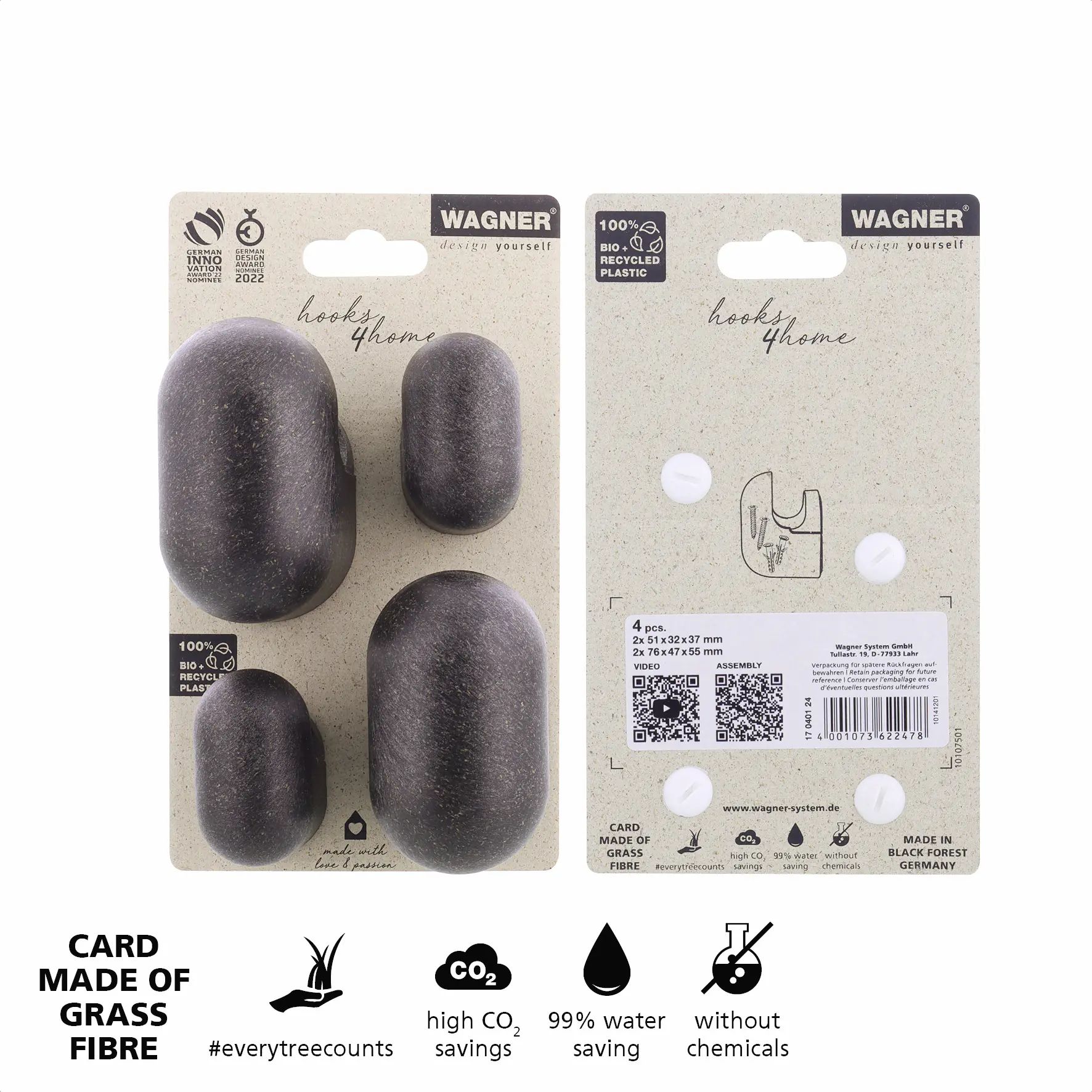 Wagner Wandhaken-Set hooks4home Pill Tragkraft bis 2 kg Bio Kunststoff schwarz 2 Größen 4 Stück