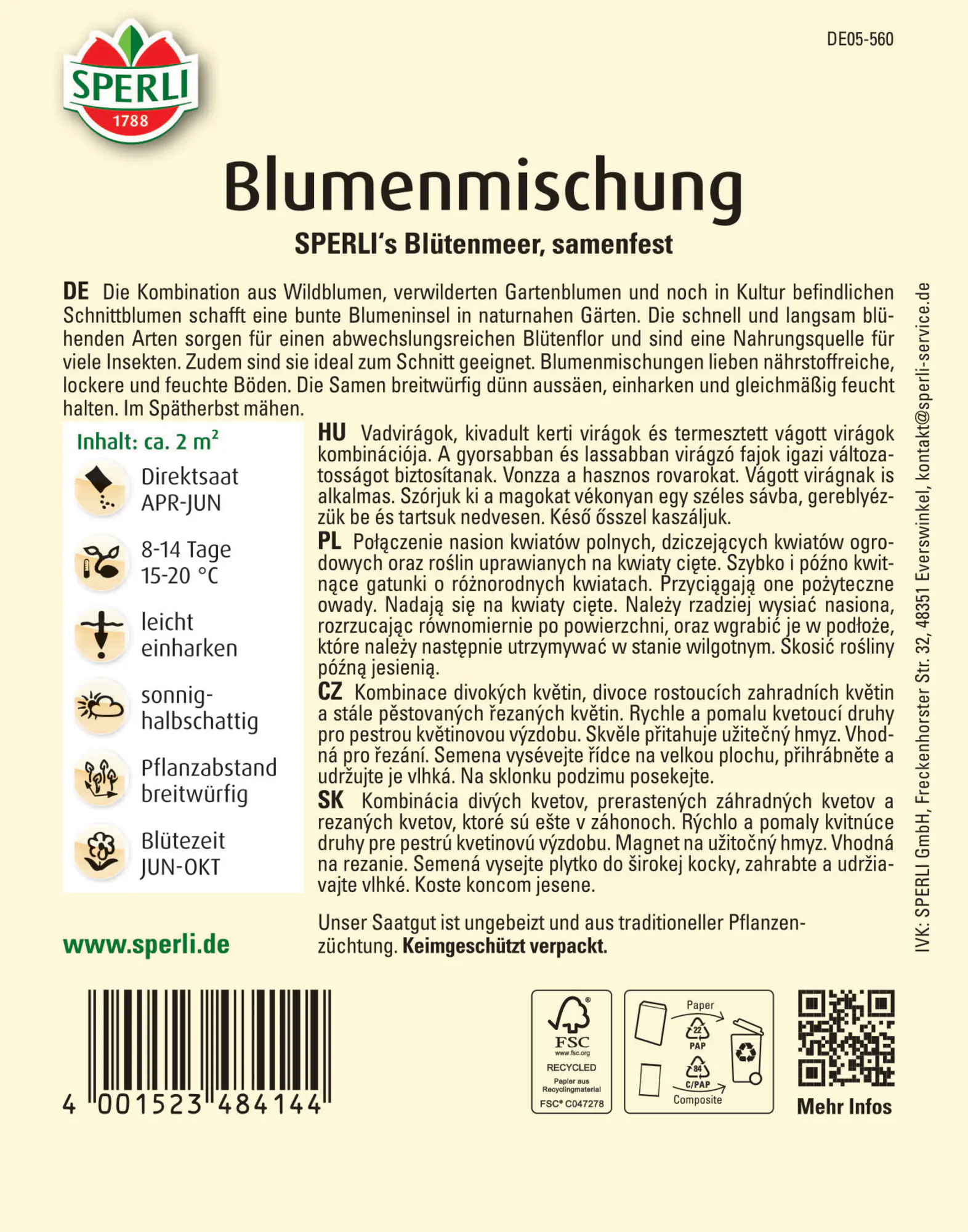 Sperli Blumenmischung SPERLI's Blütenmeer für Nützlinge