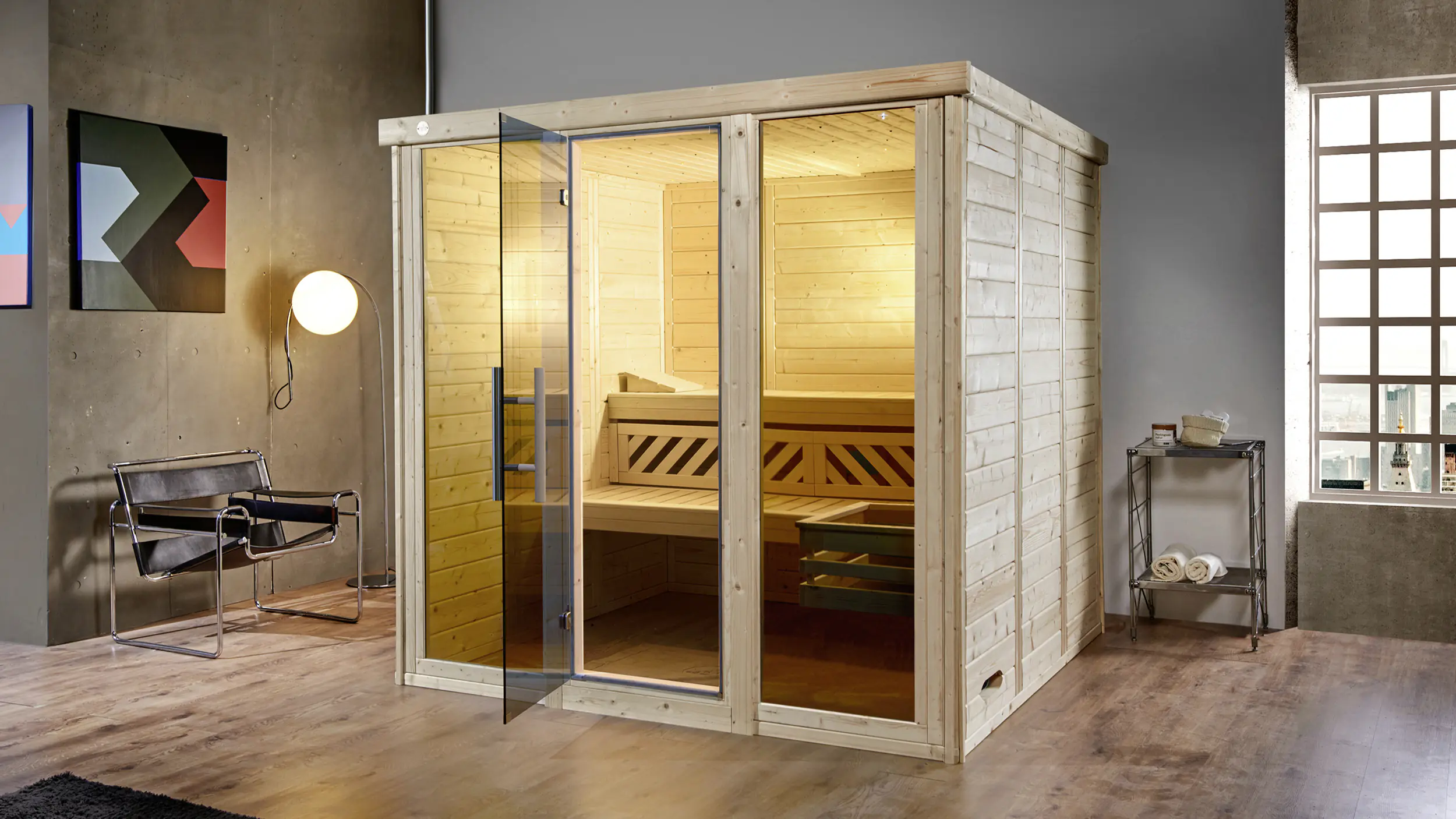 Weka Massivholz-Elementsauna Kemi Panorama 3, OS Ofen, 2 Fenstern und Saunaofen