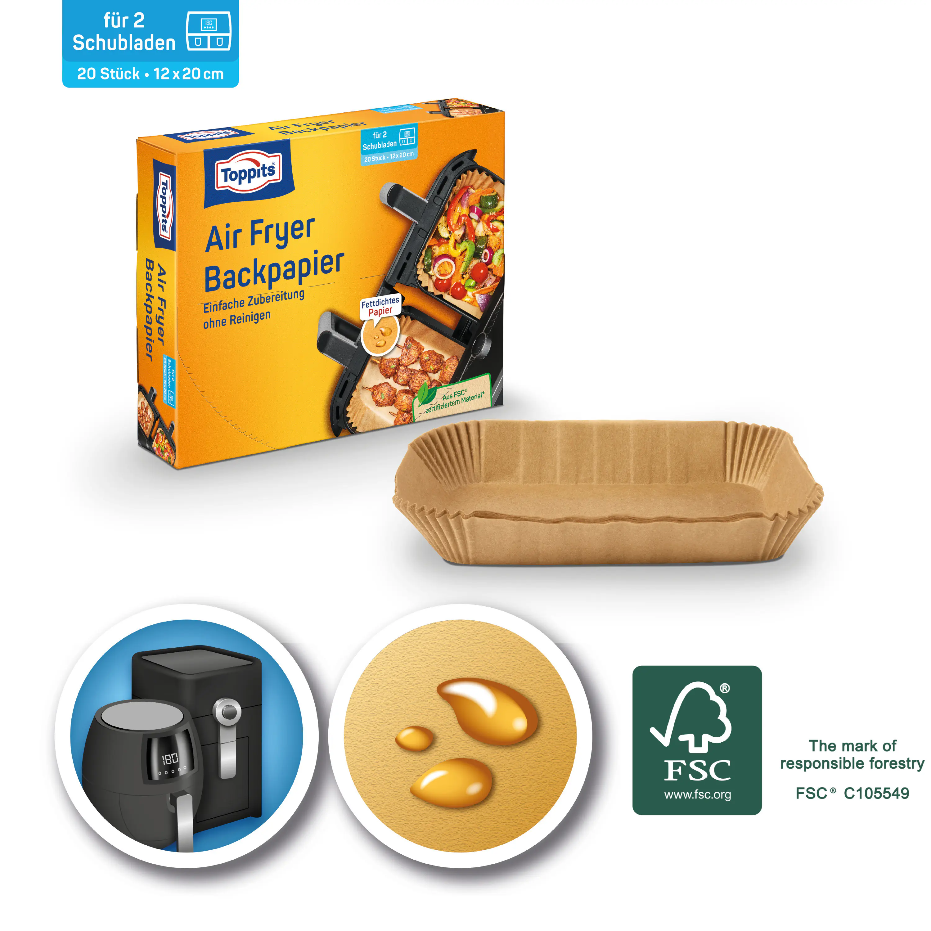 Toppits® Backpapier Air Fryer eckig 12 x 20 cm