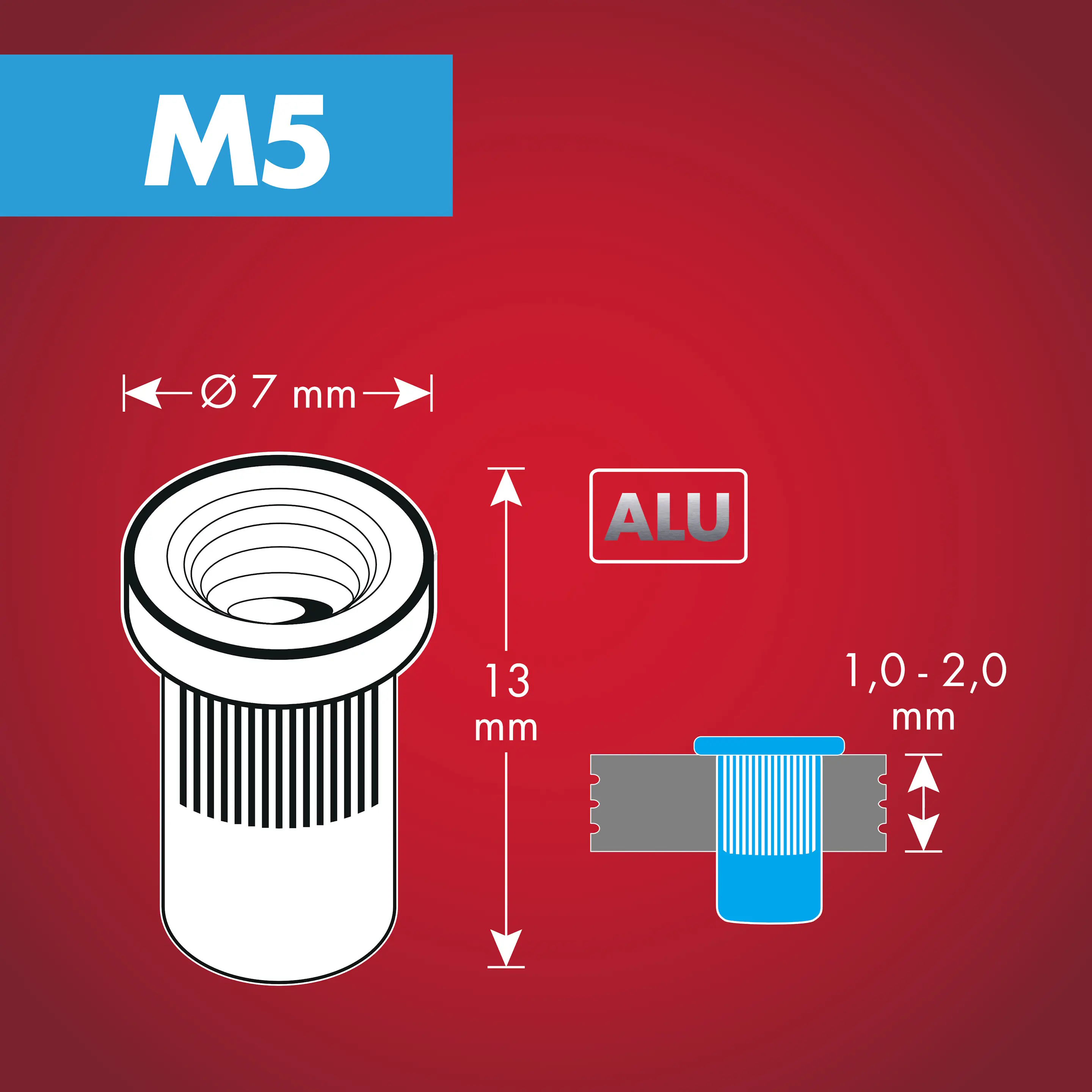 Arrow Blindnietmutter Typ RN Ø 7 x 13 mm mit M5 Gewinde Aluminium 20 Stück