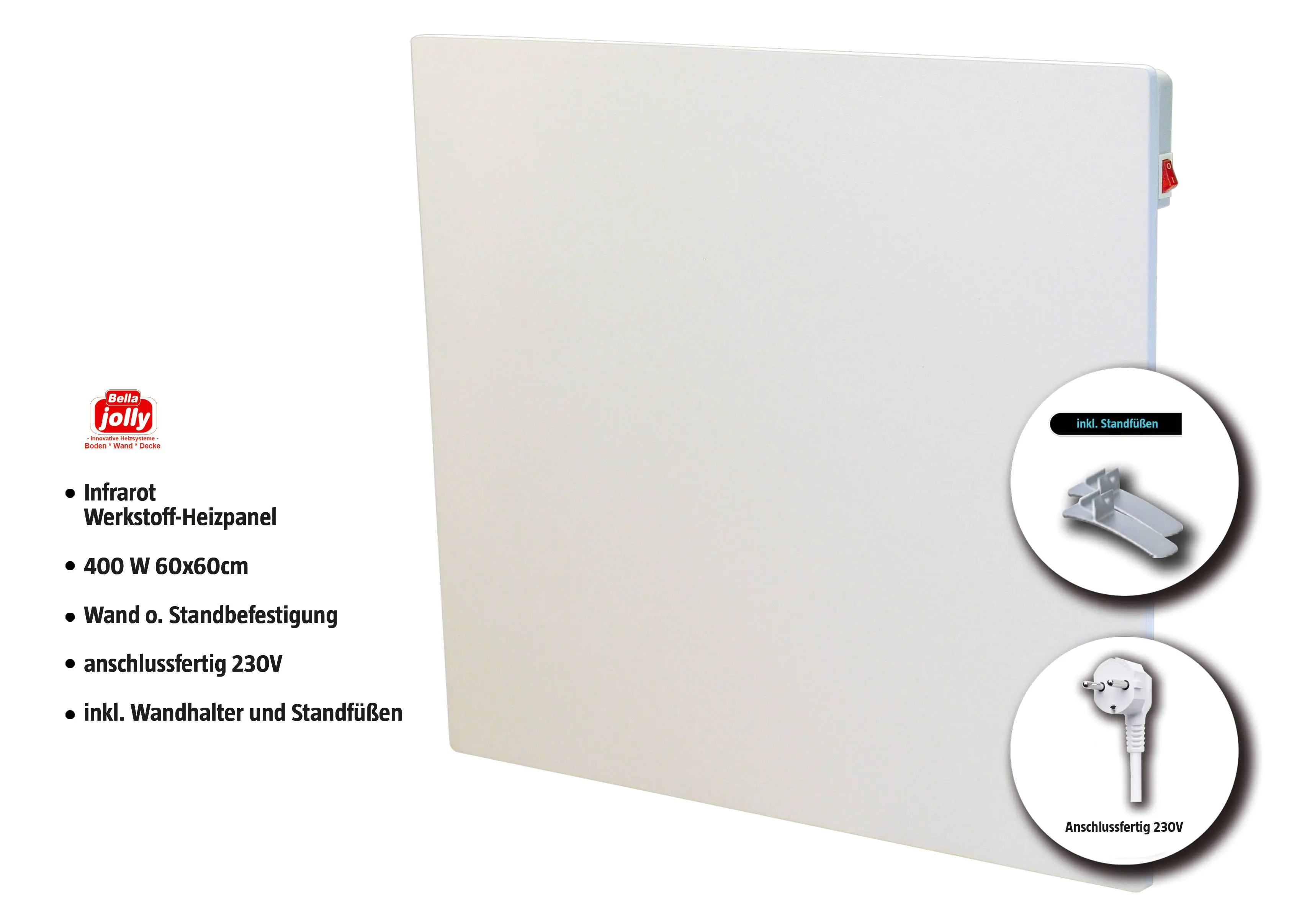 Bella Jolly Infrarot Wandheizkörper 60 x 60 cm Standfüßen 400 Watt, weiß Bella Jolly Infrarot Wandheizkörper 60 x 60 cm Standfüßen 400 Watt, weiß