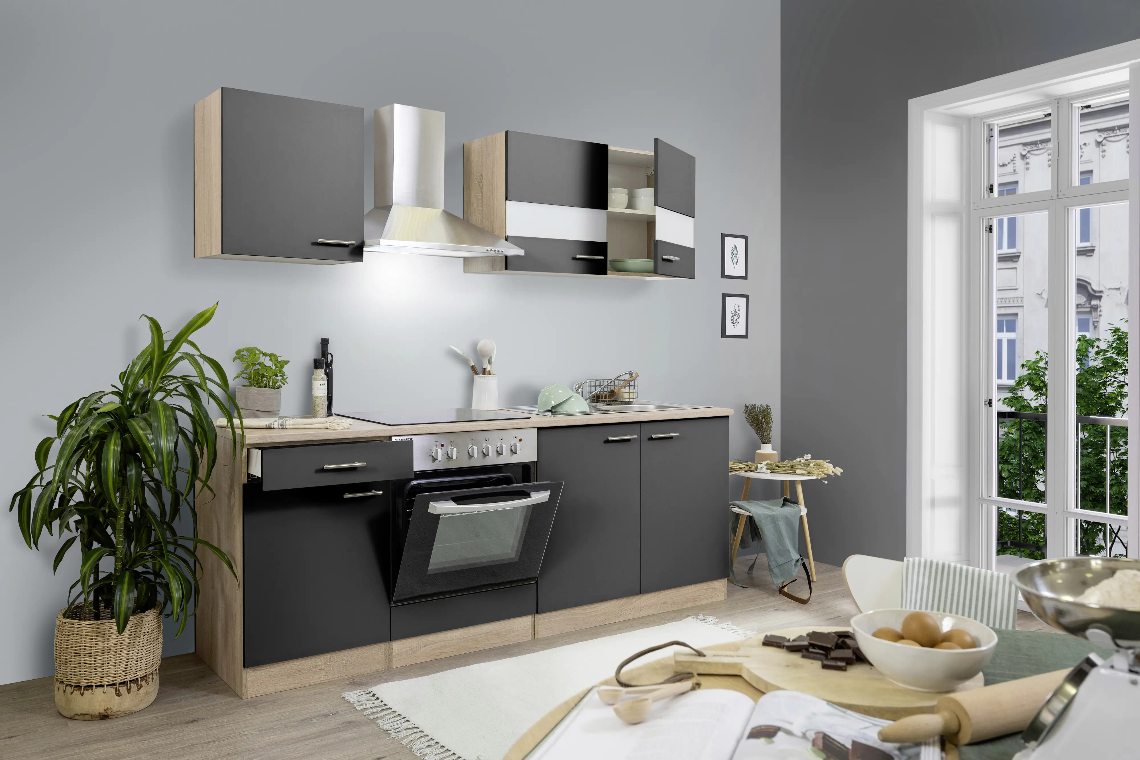 4260344976812_2826615 Respekta Economy Küchenblock 210 cm grau, Eiche Sonoma, KB210ESGC