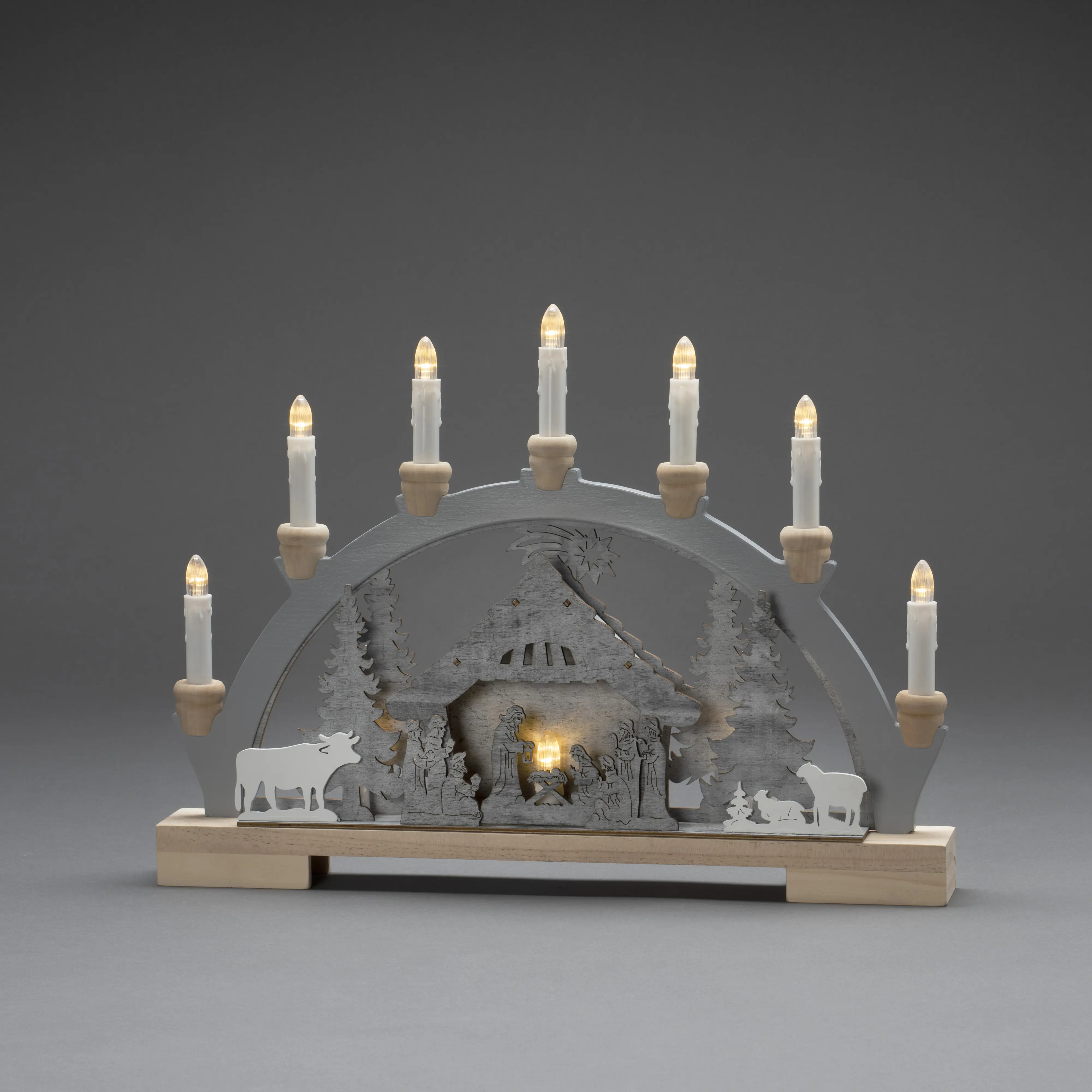 Konstsmide LED Holzsilhouette Krippe weiß/grau 45cm x 5cm x 33cm