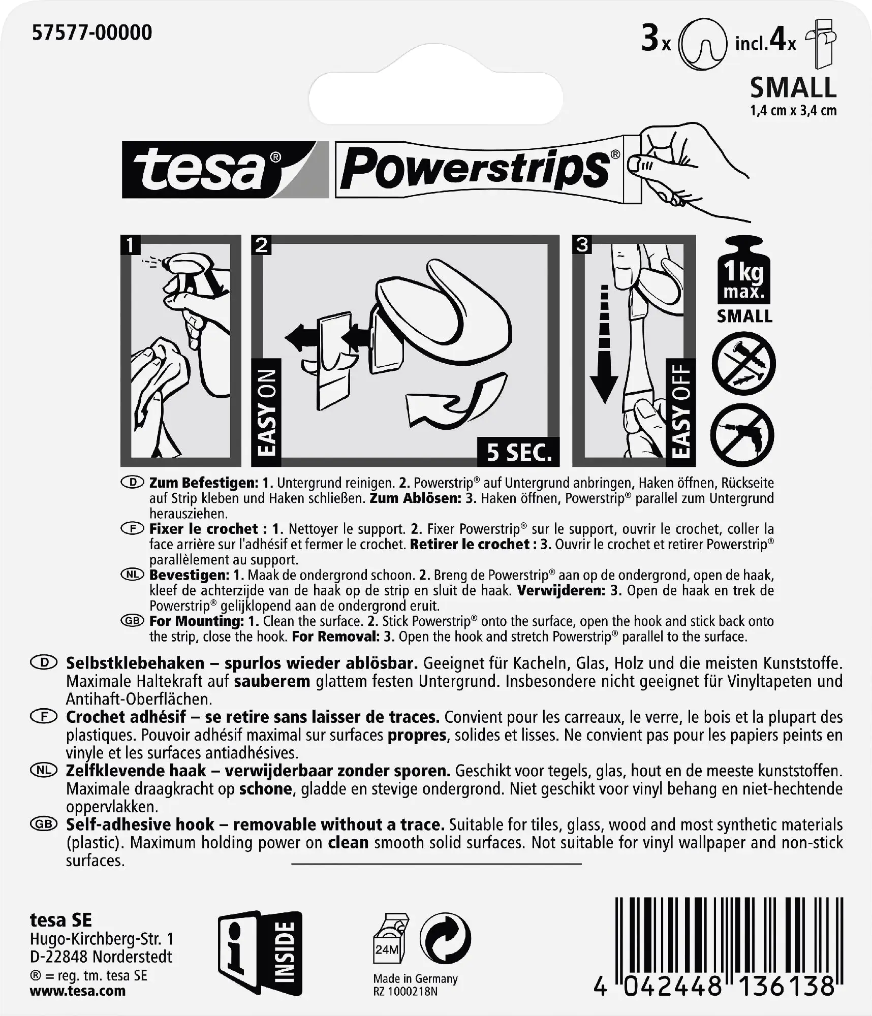 tesa Haken Powerstrip Small Kunststoff, weiß, 3er-Set, rund
