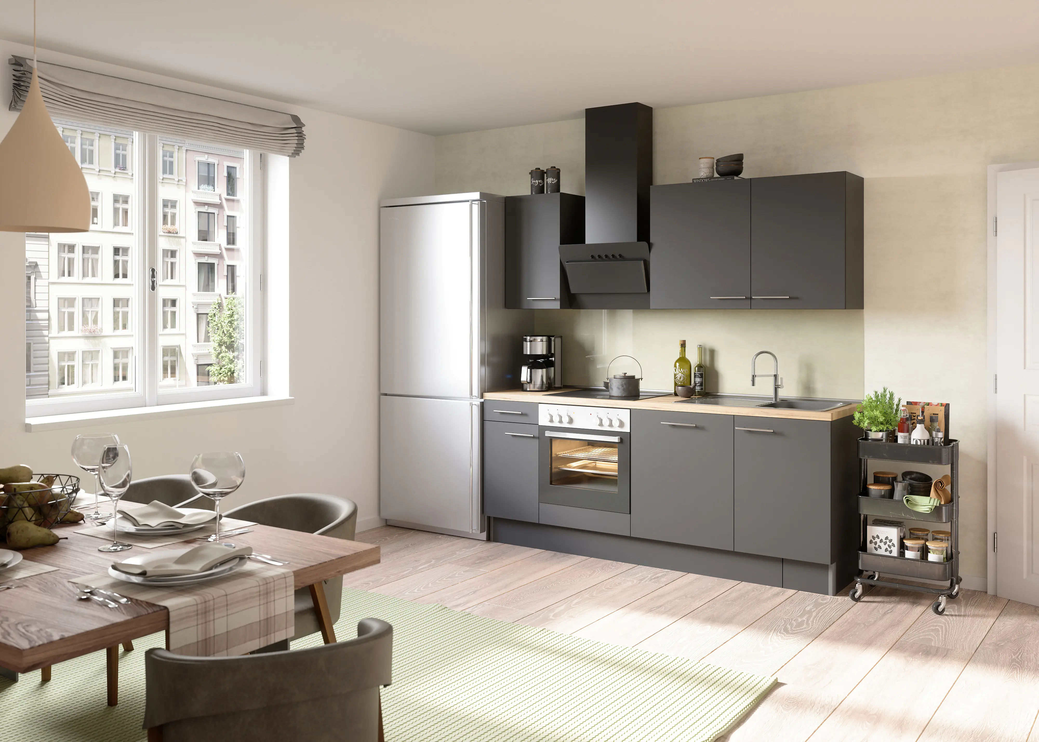 Optifit Küchenzeile Ingvar mit E-Geräte ohne Kühlschrank anthrazit matt 210 cm