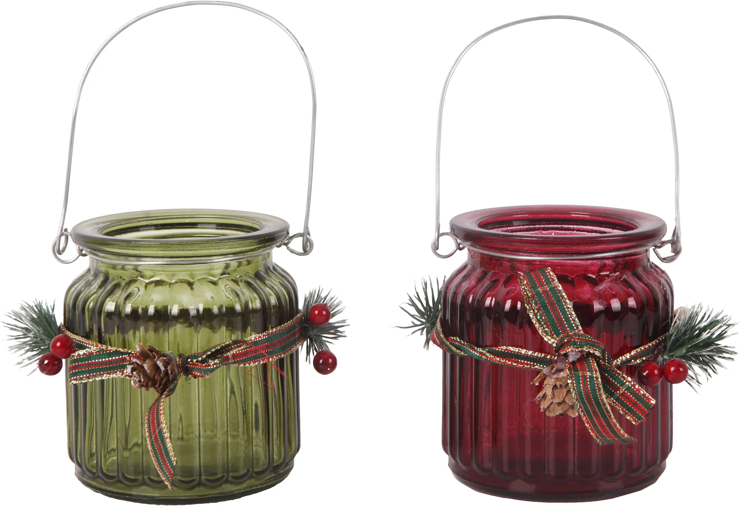 Windlicht mit Weihnachtsschmuck Glas Ø 8 x 9 cm rot grün 2-fach sortiert