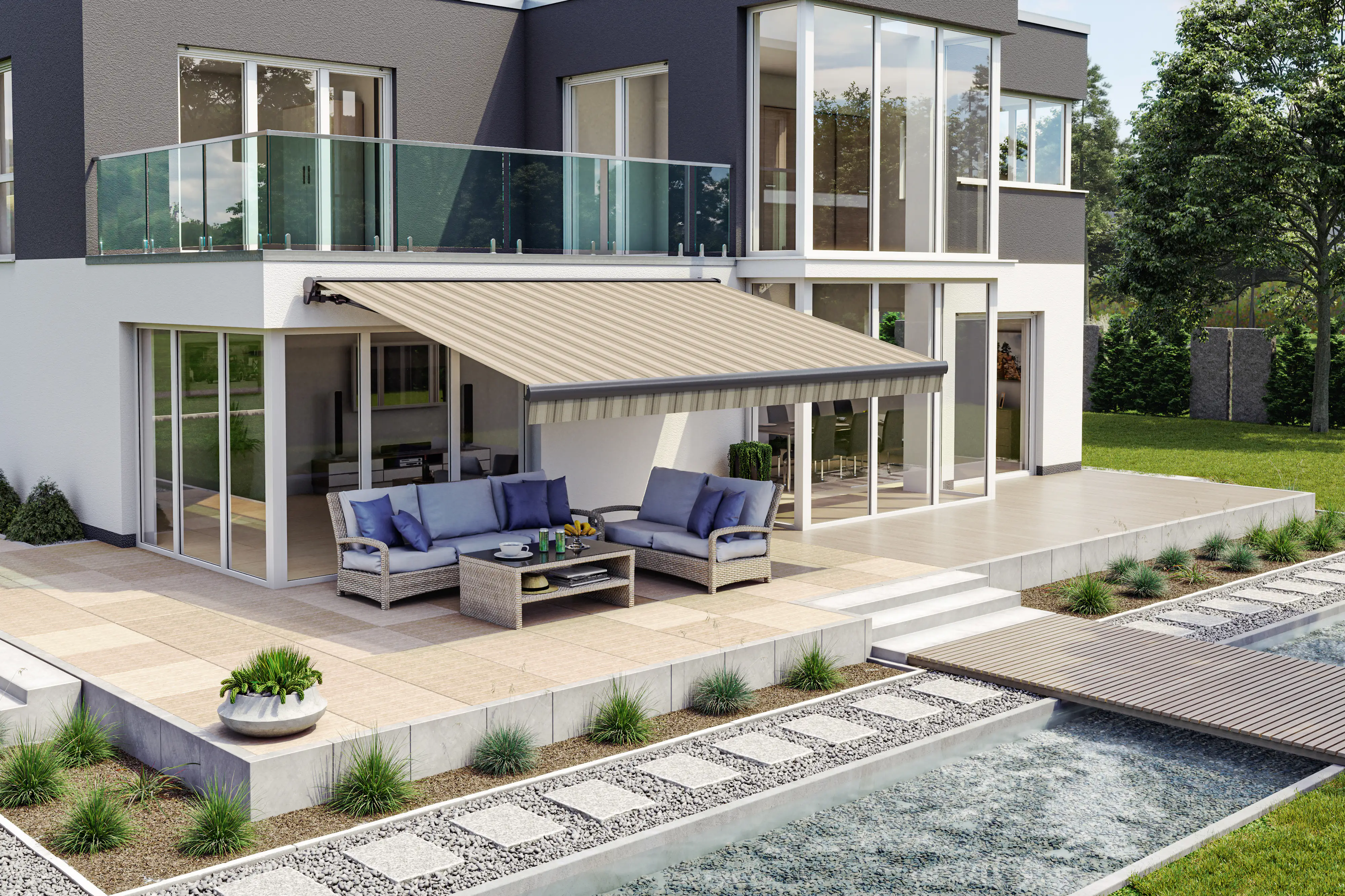 Teilhülsenmarkise beige-braun gestreift  Teilhülsenmarkise beige-braun gestreift