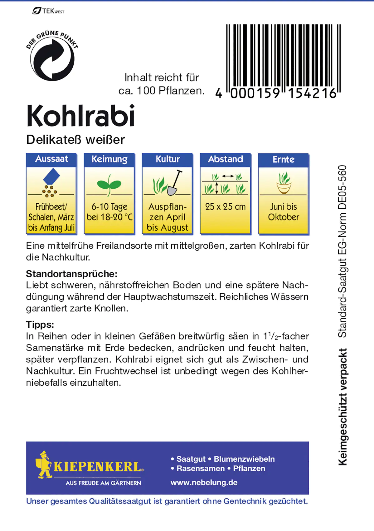 Kiepenkerl Kohlrabi Delikatess weißer Brassica oleracea var. gongylodes, Inhalt: ca. 100 Pflanzen
