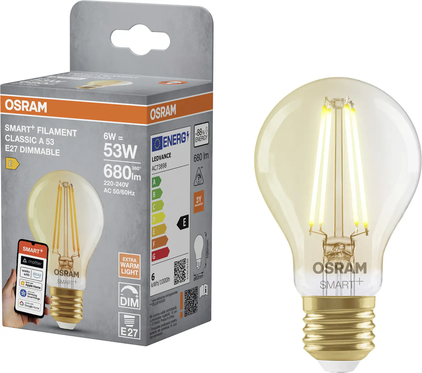 Osram SMART+ Matter Leuchtmittel E27 Classic 6W Gold dimmbar warmweiß