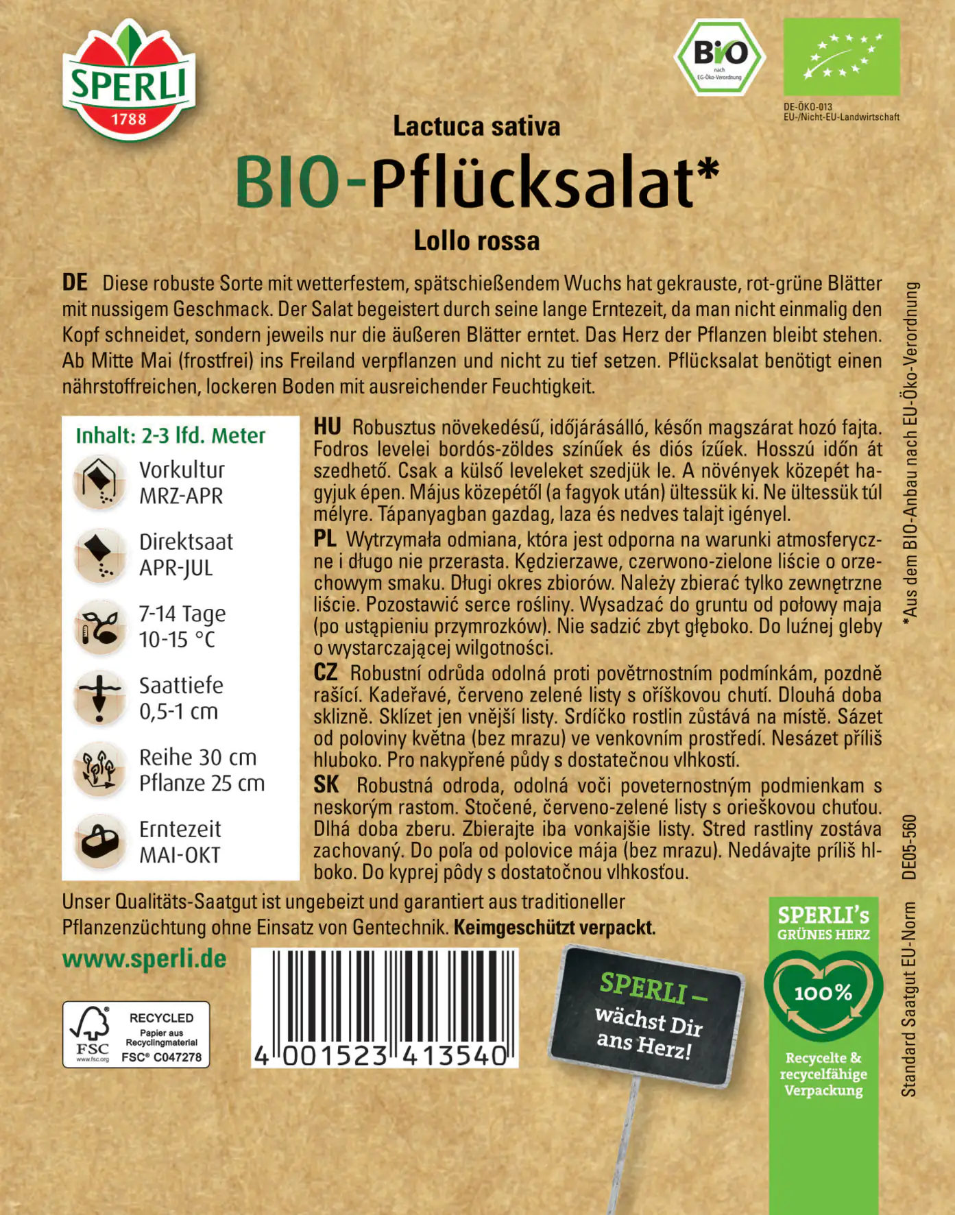 Sperli BIO Pflücksalat rot