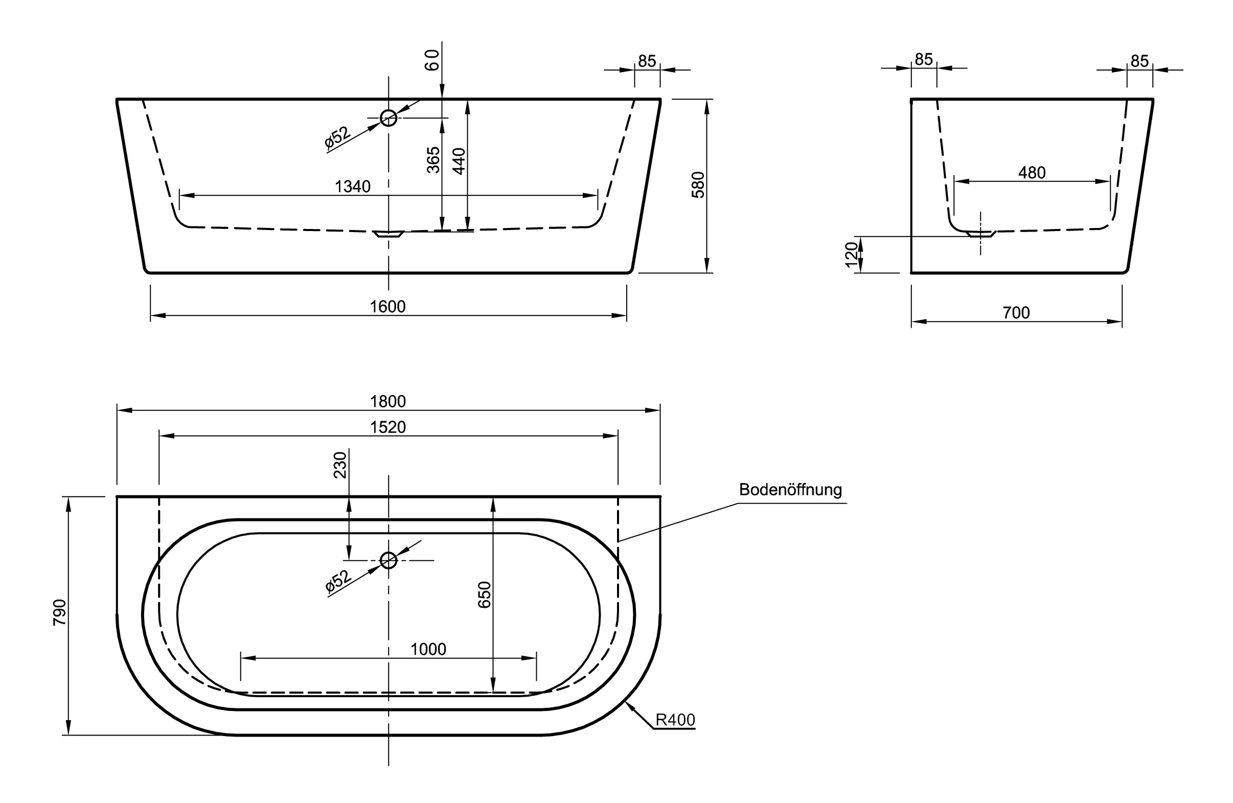 Ottofond Freistehende Badewanne Modena 180 x 79 x 44 cm, weiß