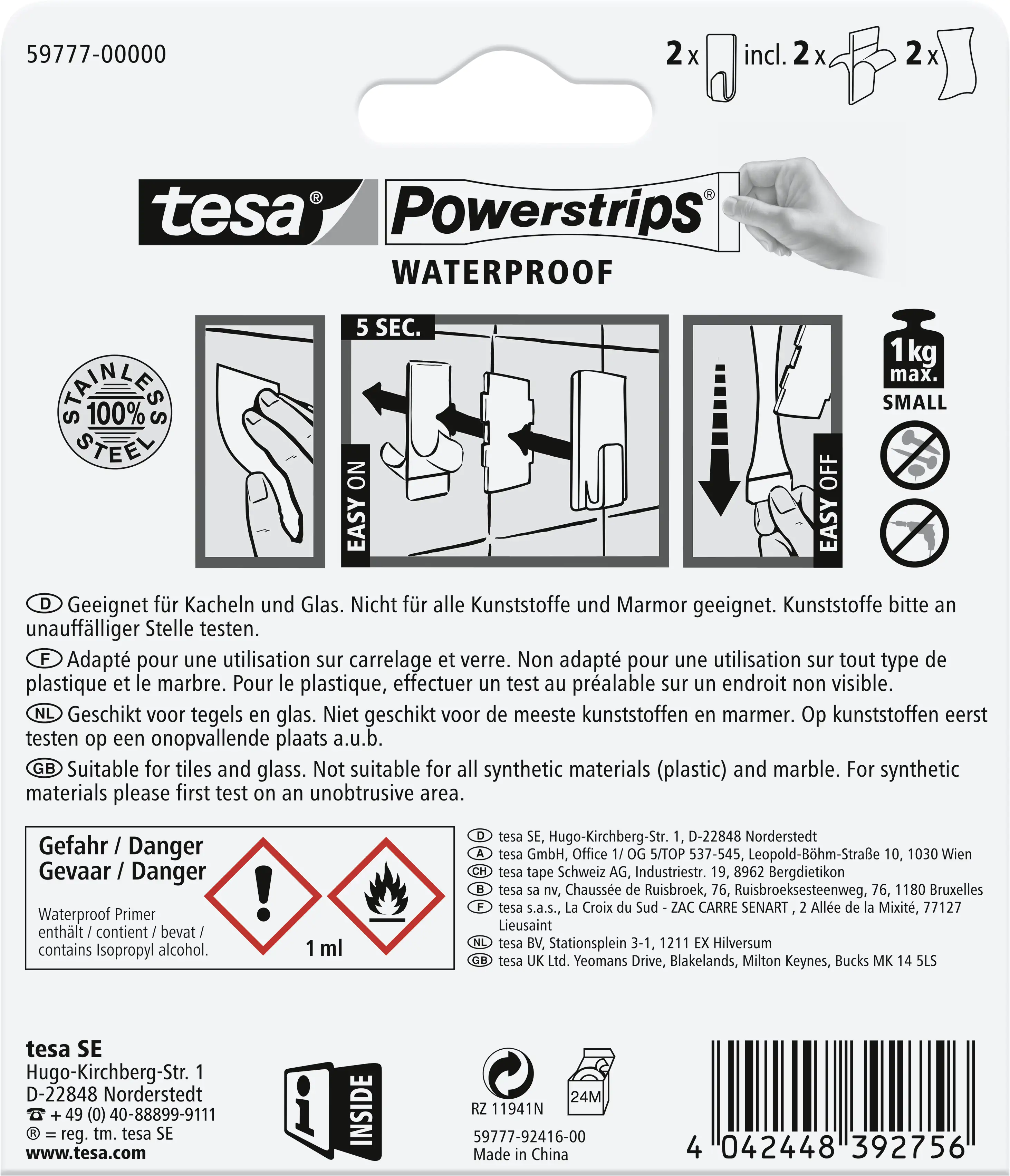 tesa Powerstrips Haken Small Waterproof rechteckig, Edelstahl tesa Powerstrips Haken Small Waterproof rechteckig, Edelstahl